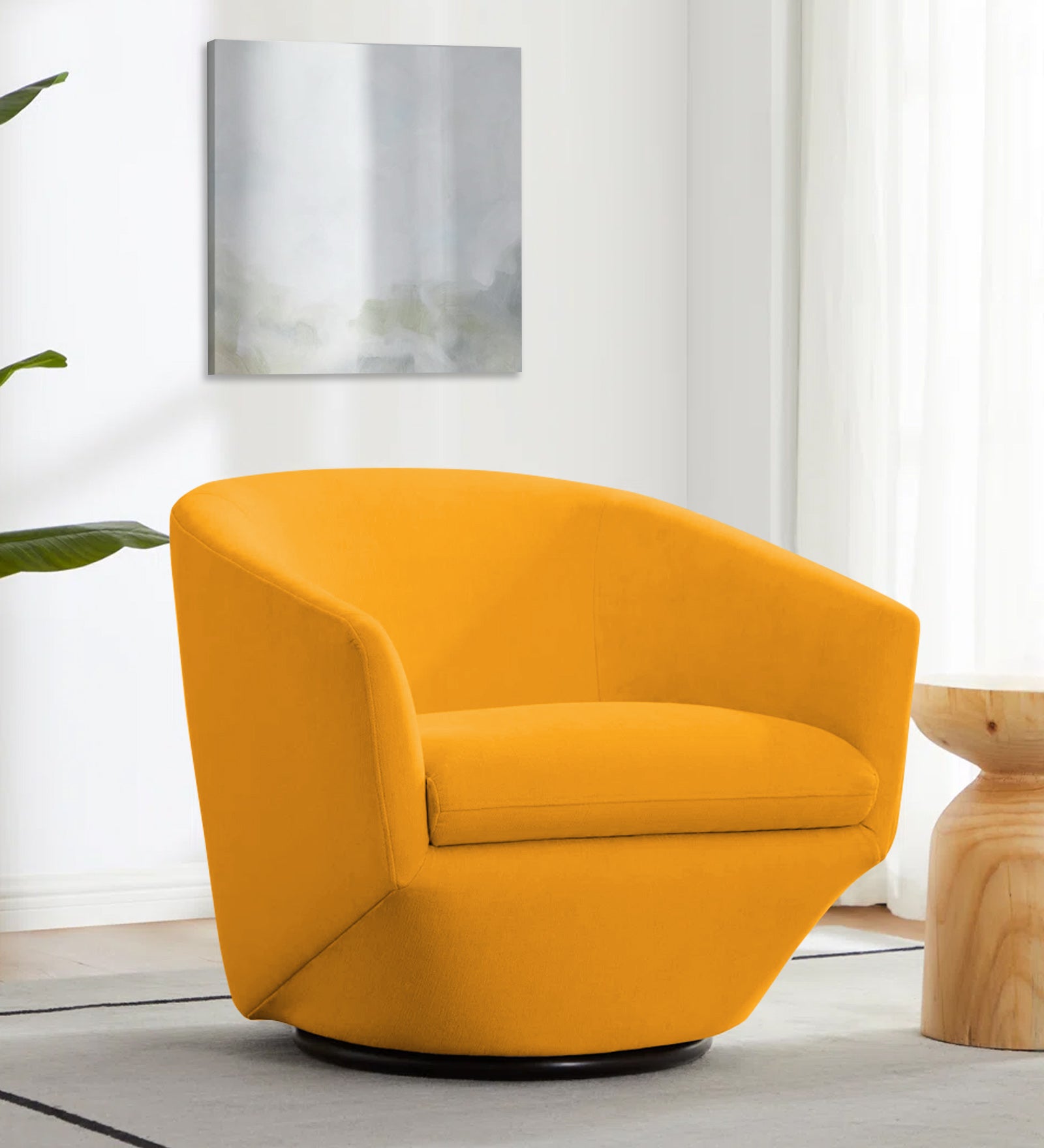 Haddie Velvet Swivel Chair In Safforn Yellow Colour - Febonic Living