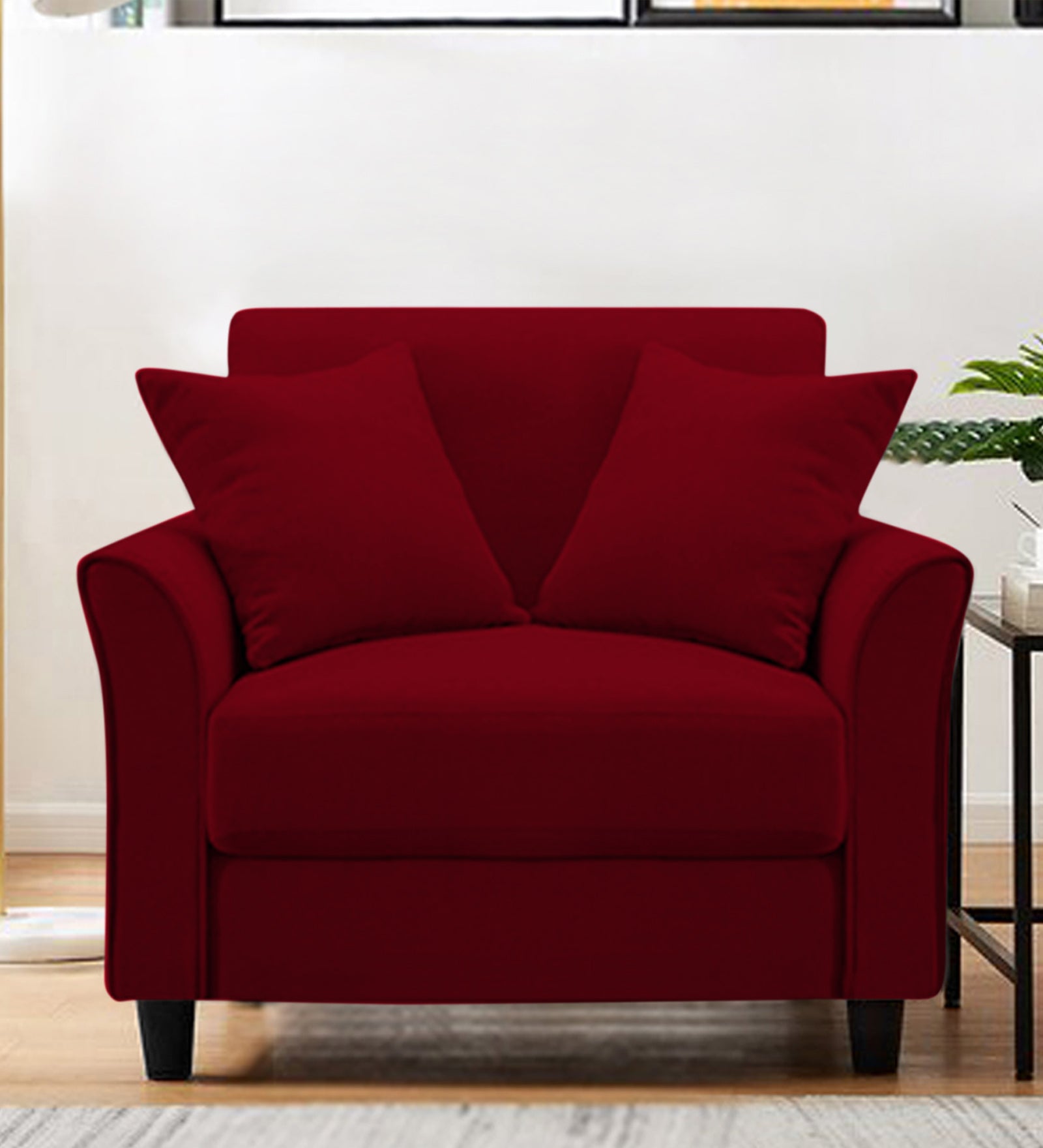 Daroo Velvet 1 Seater Sofa In Cherry Red Colour