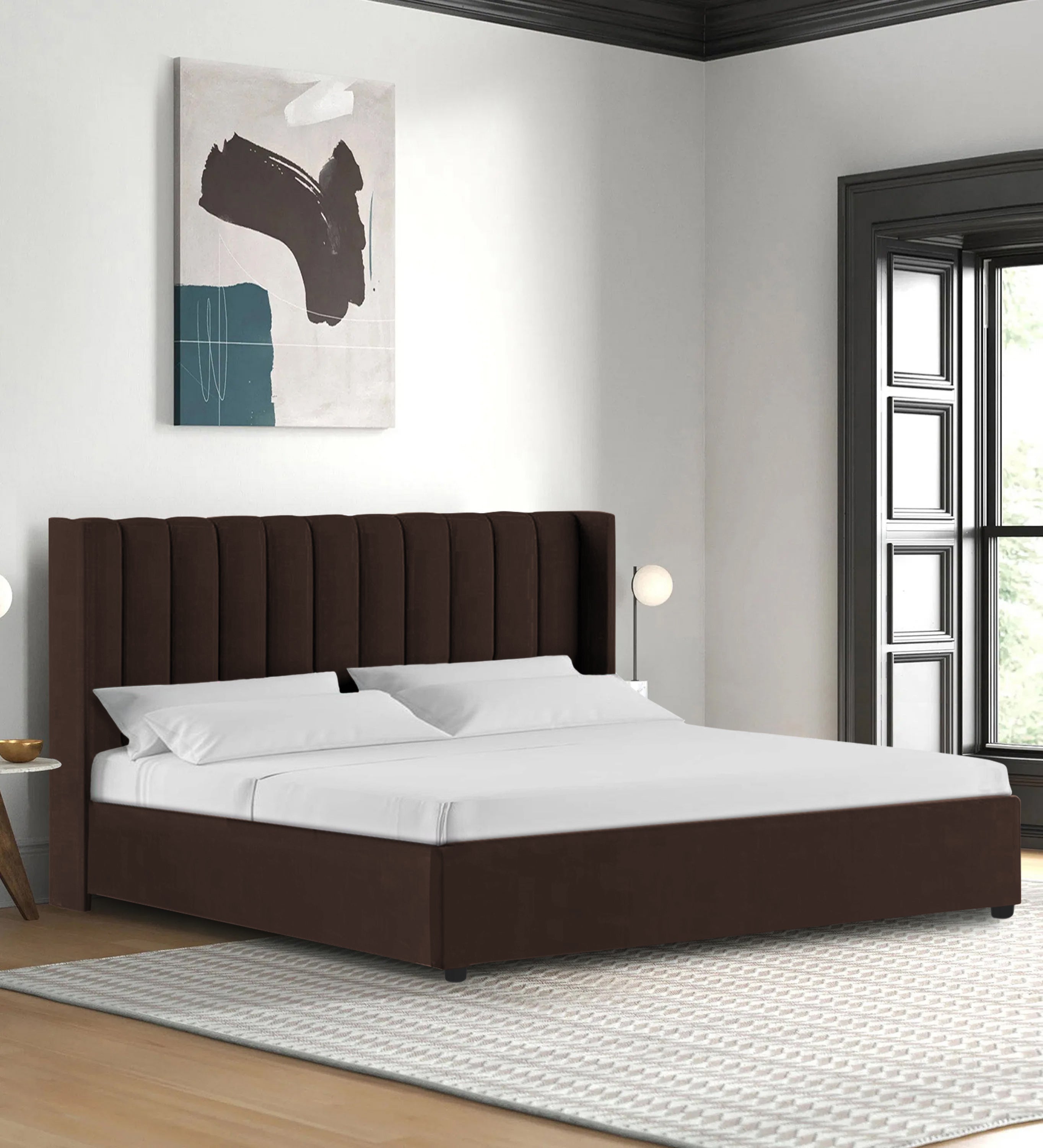 Colina Fabric Queen Size Bed In Coffee Brown Colour With Box Storage - Febonic Living