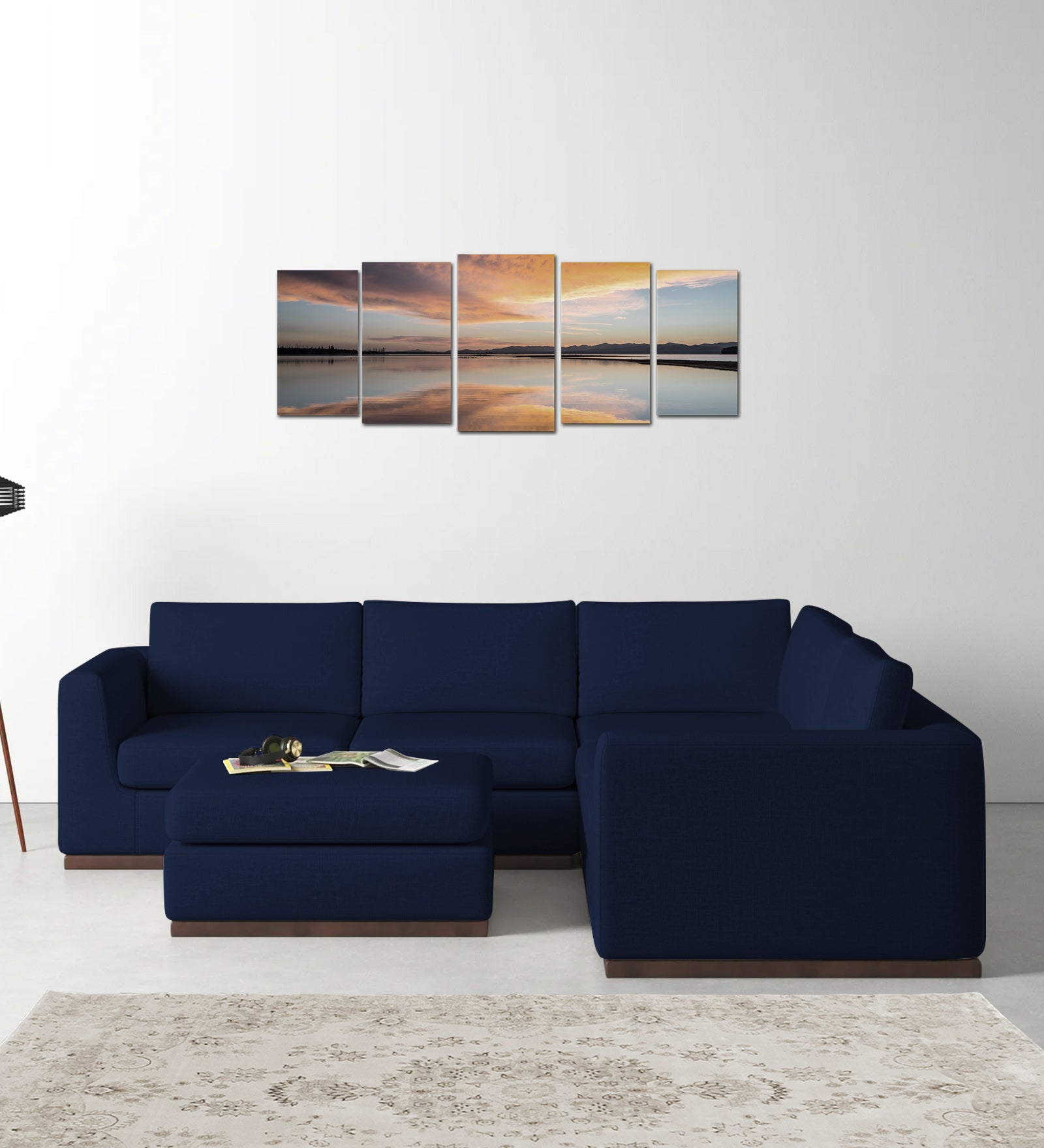 Freedom Velvet 6 Seater RHS Corner Sofa In Indigo Blue Colour With Ottoman - Febonic Living