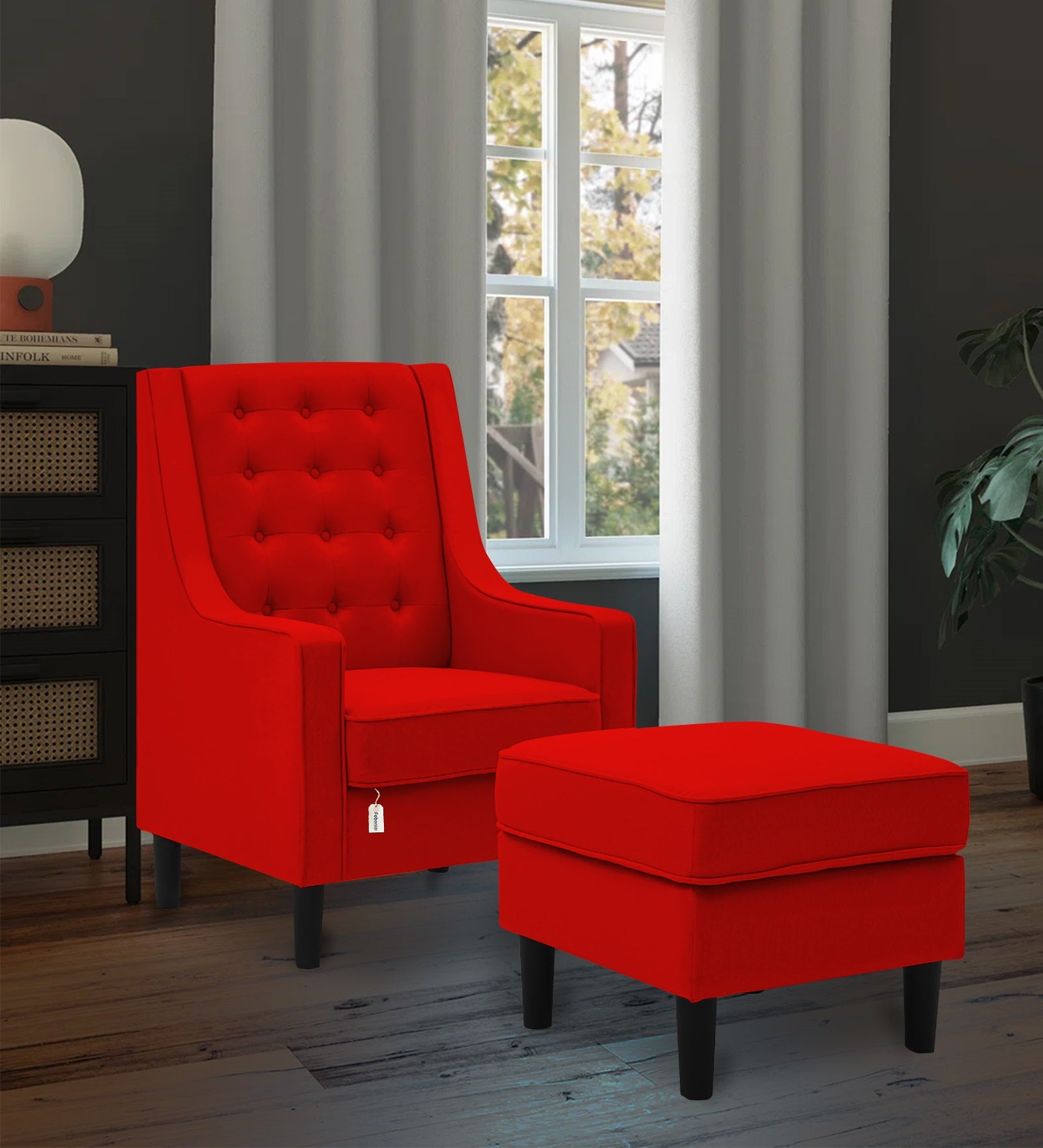 Sona Fabric Barrel Chair With Ottoman In Ruby Red Colour - Febonic Living