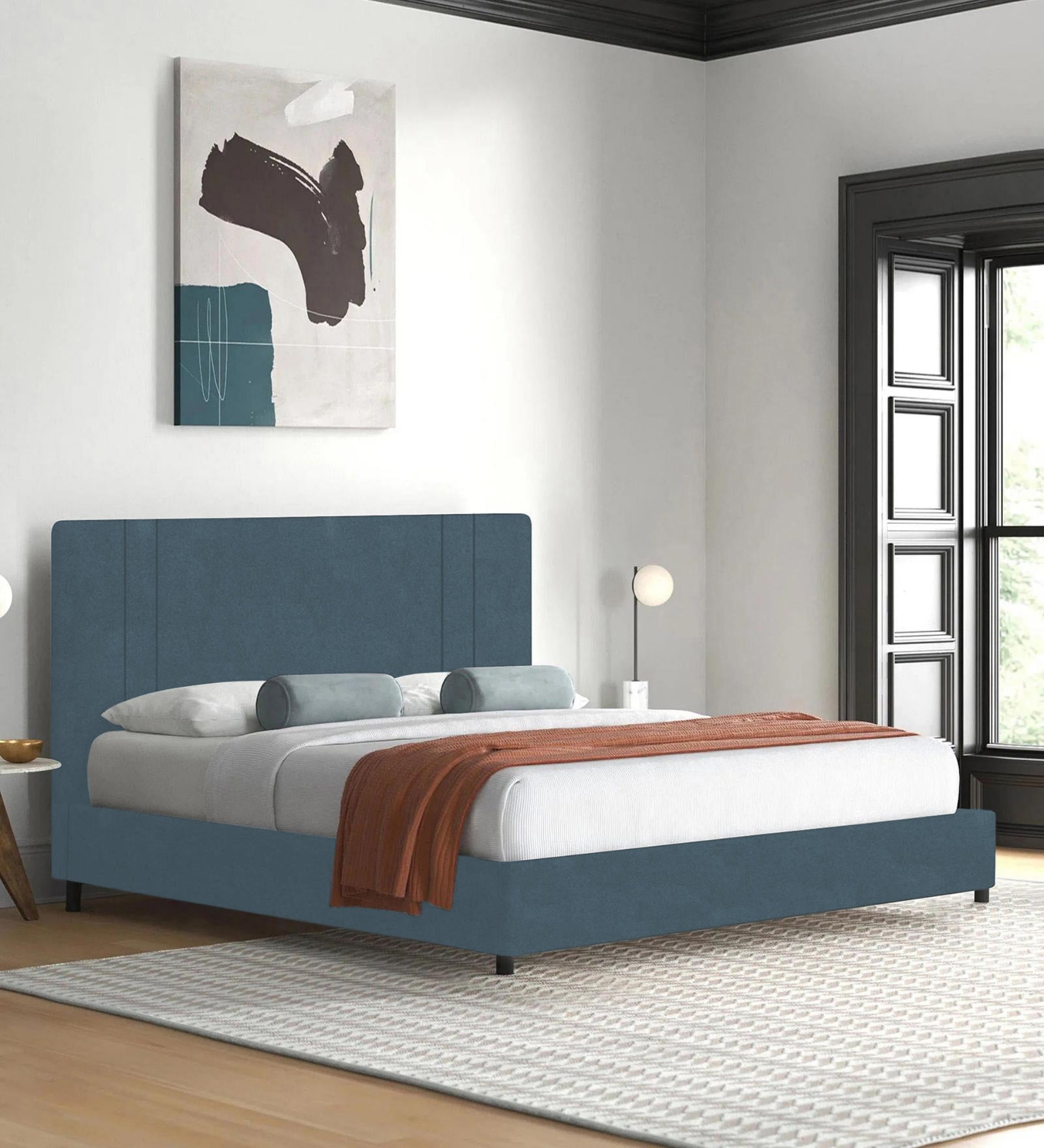 Asyra Velvet Queen Bed in Oxford Blue Colour With Box Storage - Febonic Living