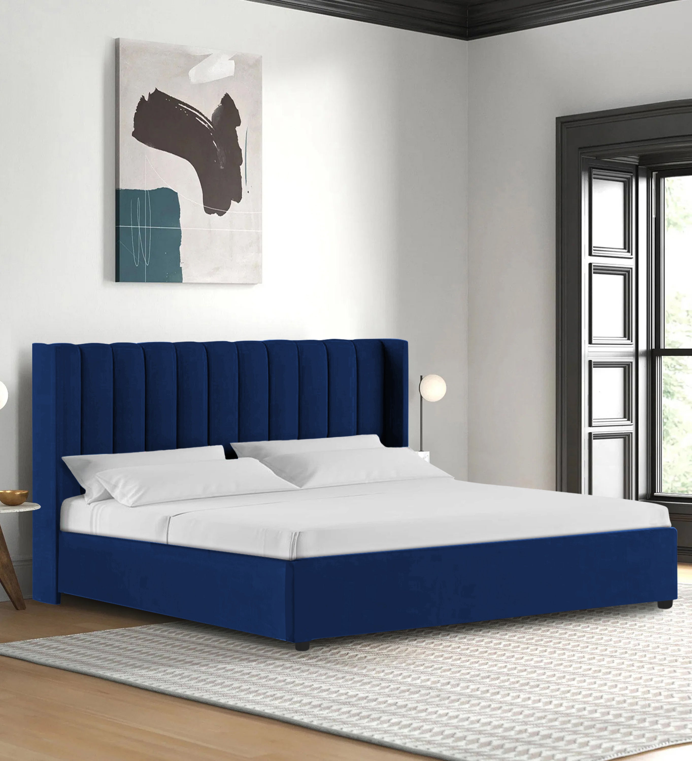 Colina Fabric Queen Size Bed In Royal Blue Colour With Box Storage - Febonic Living