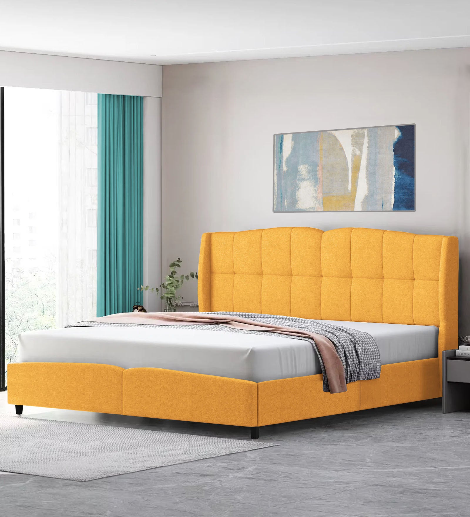Jovi Velvet King Size Bed In Turmeric Yellow In Colour - Febonic Living