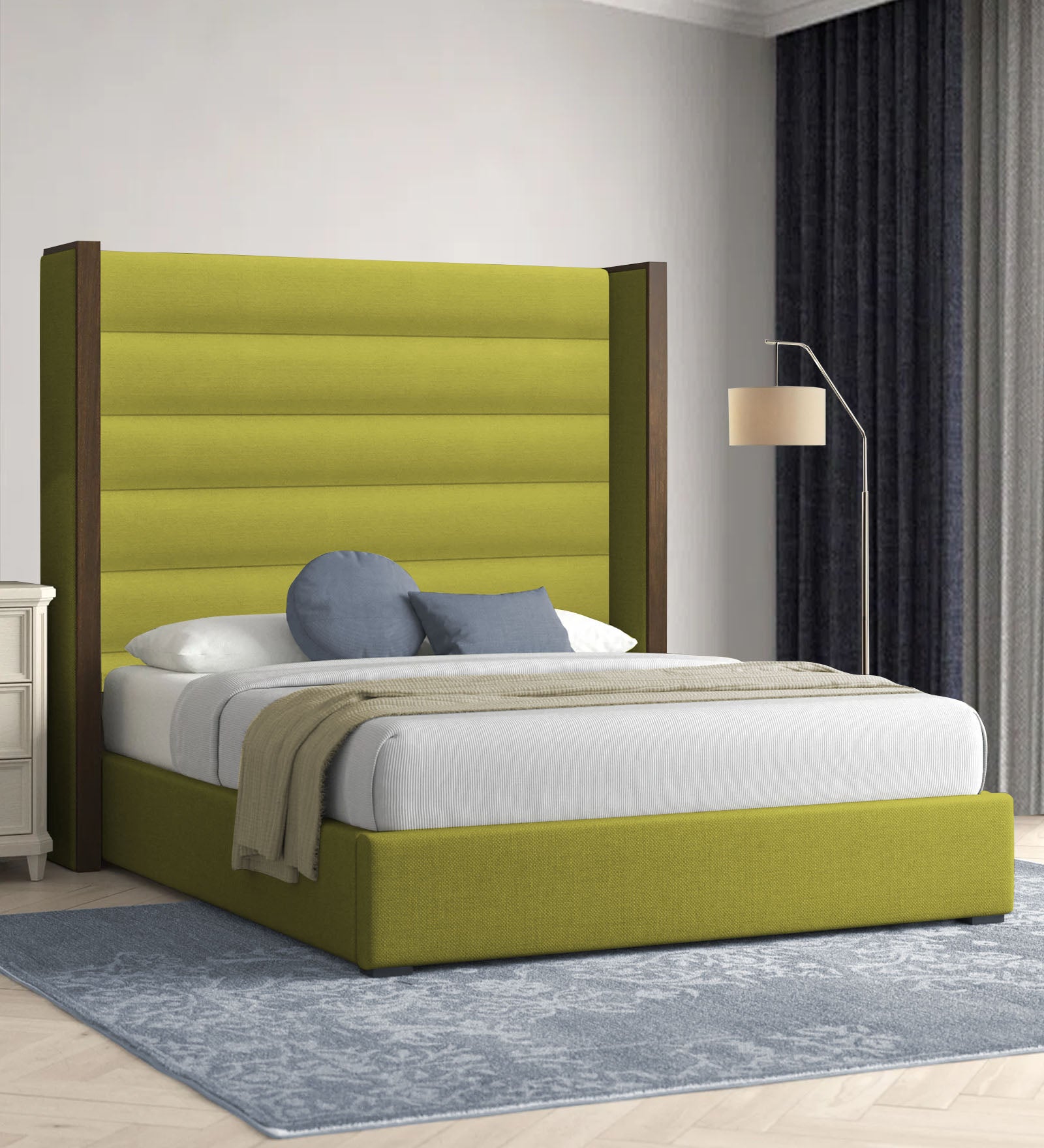 Sunny Fabric Queen Size Bed In Parrot Green Colour - Febonic Living