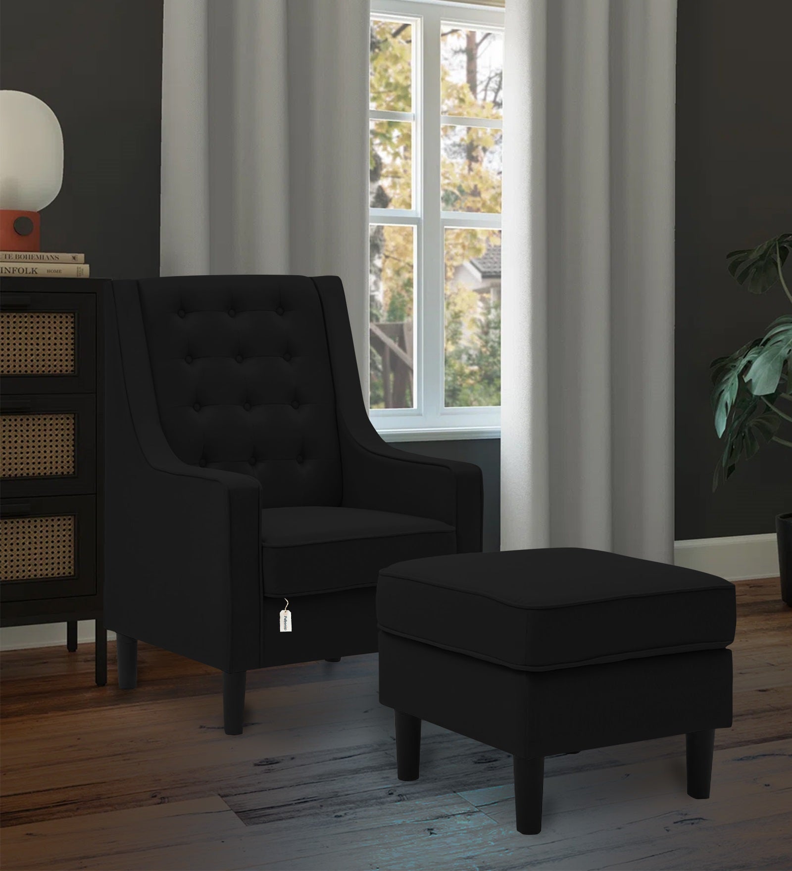 Sona Fabric Barrel Chair + Ottoman in Zed Black Colour
