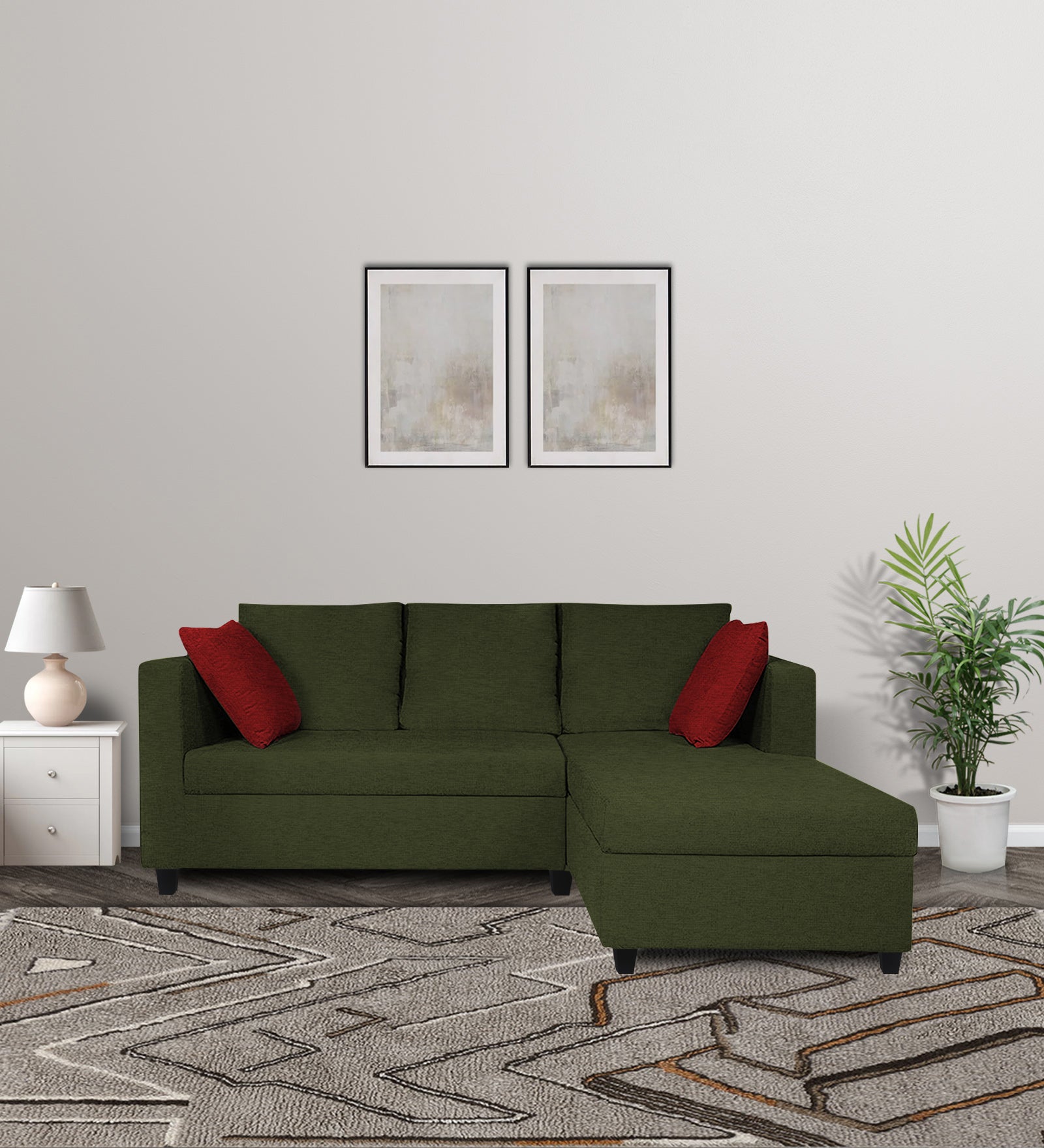 Nebula Fabric LHS Sectional Sofa (2+Lounger) In Olive Green Colour - Febonic Living