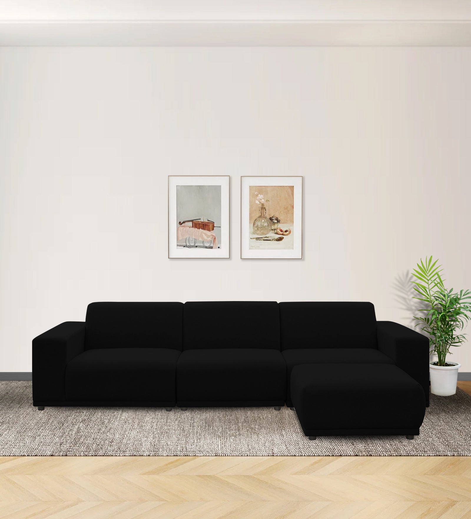 Adam Fabric RHS Sectional Sofa (3+Ottoman Lounger) In Zed Black Colour - Febonic Living