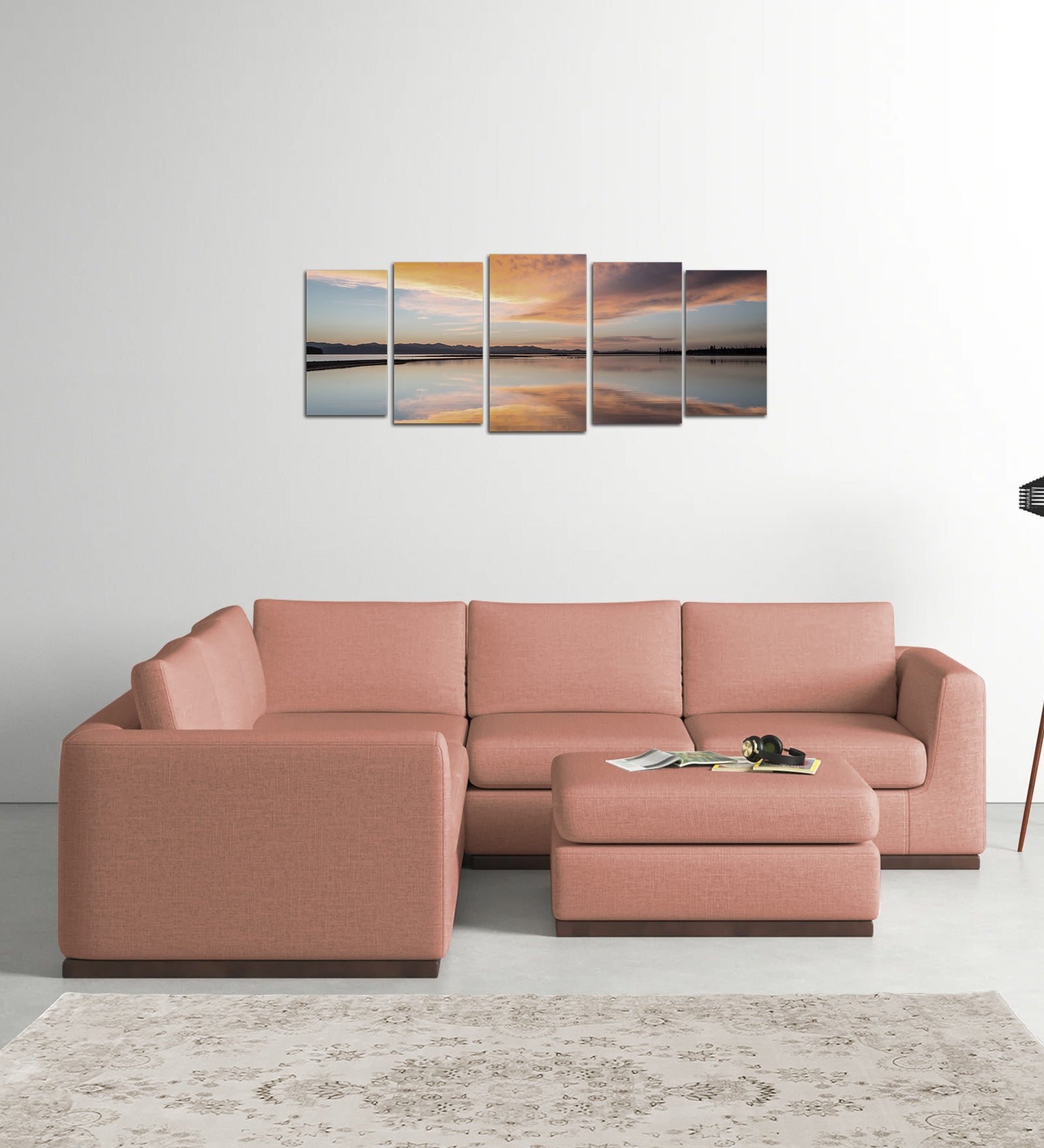 Freedom Velvet 6 Seater LHS Corner Sofa In Blush Pink Colour With Ottoman - Febonic Living
