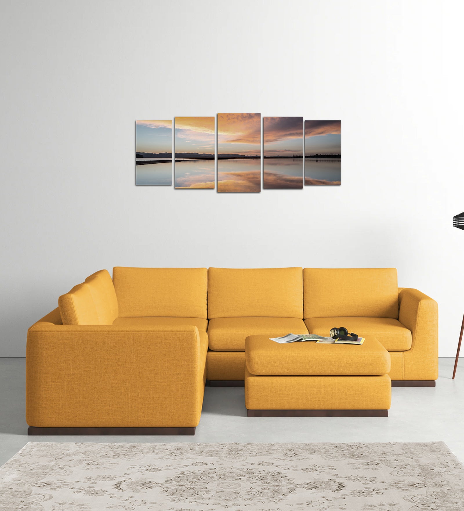 Freedom Velvet 6 Seater LHS Corner Sofa In Turmeric Yellow Colour With Ottoman - Febonic Living