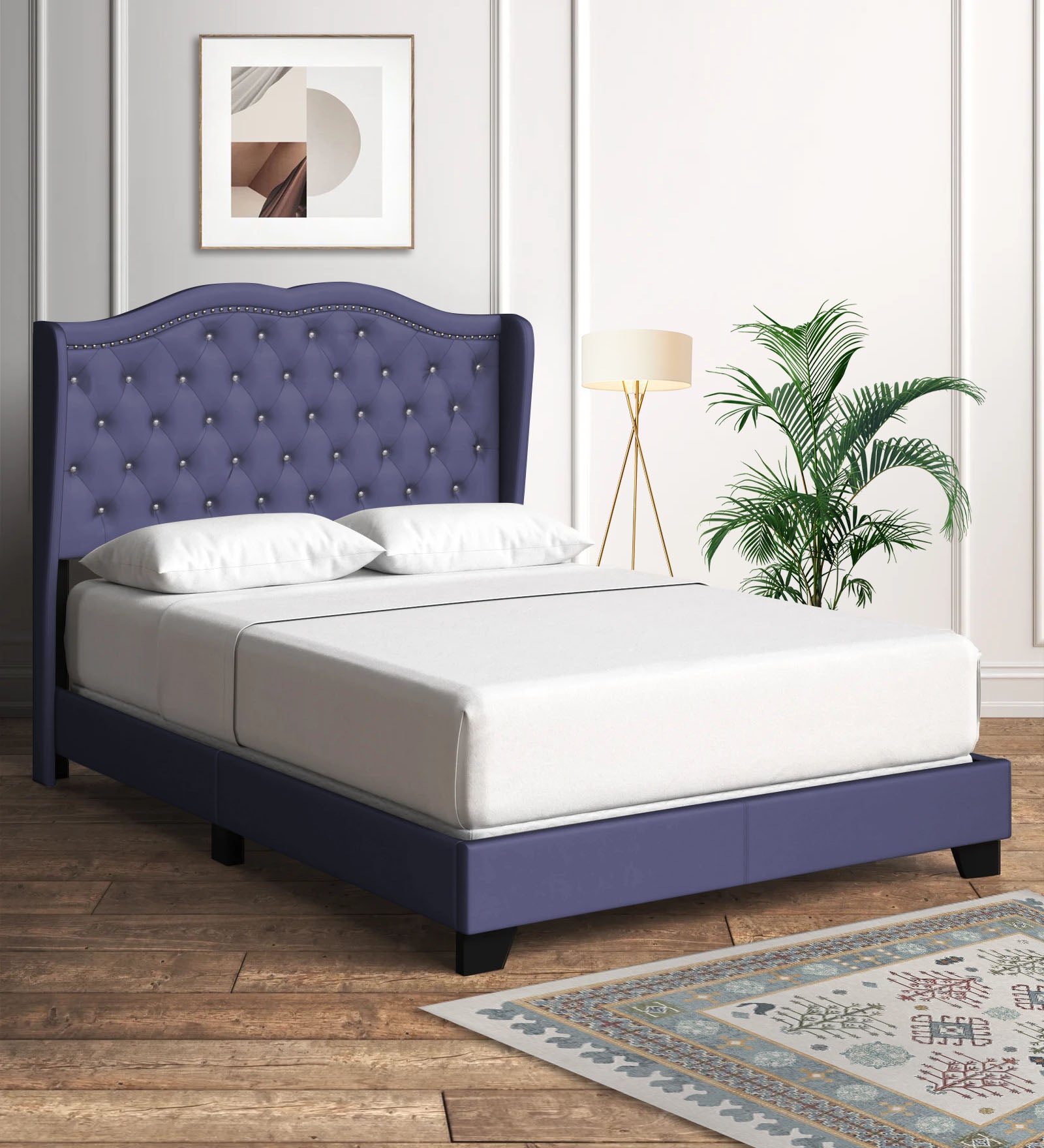 Blake Fabric Queen Size Bed in Slate Blue Colour - Febonic Living