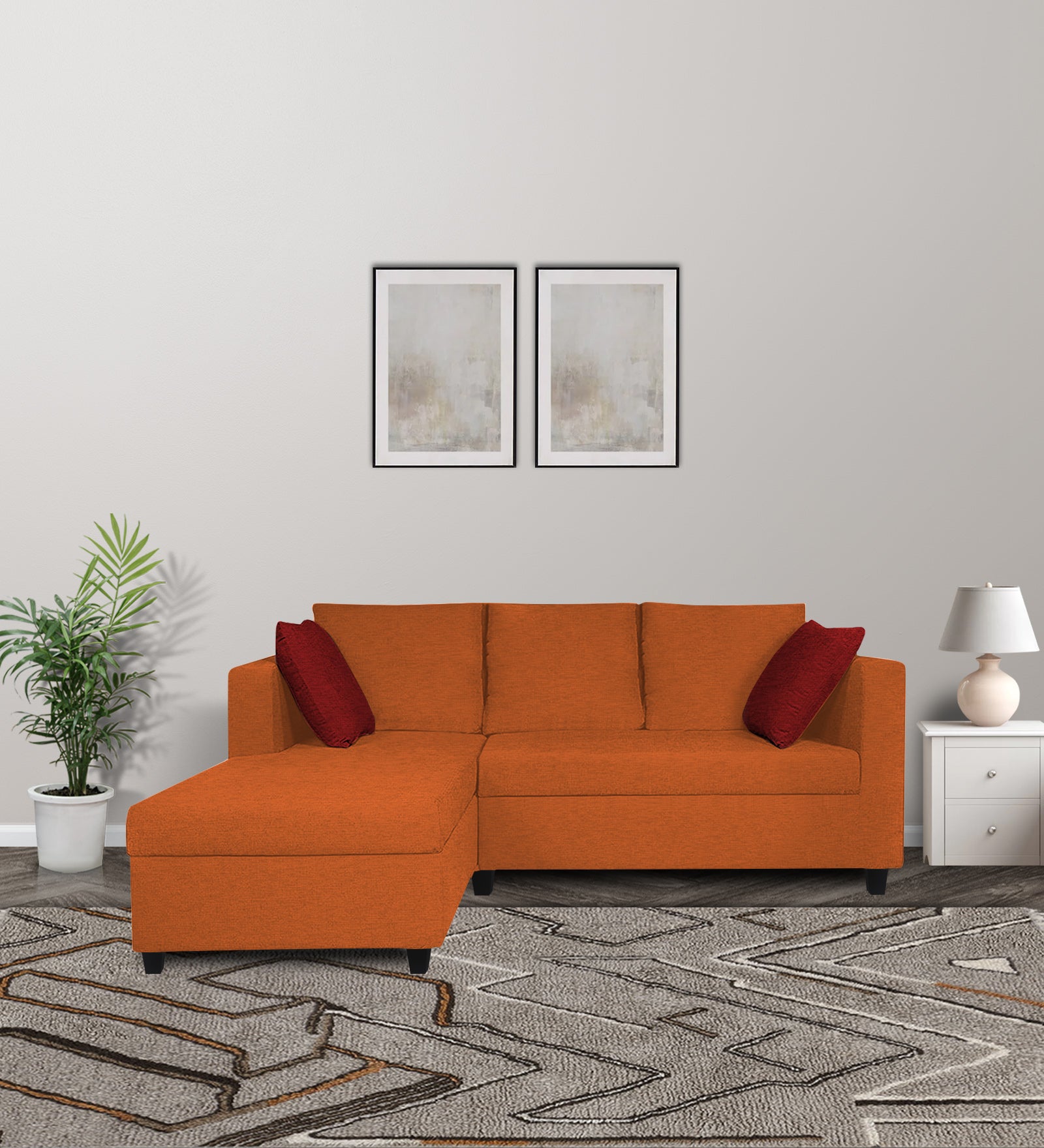 Nebula Fabric RHS Sectional Sofa (2+Lounger) In Vivid Orange Colour - Febonic Living