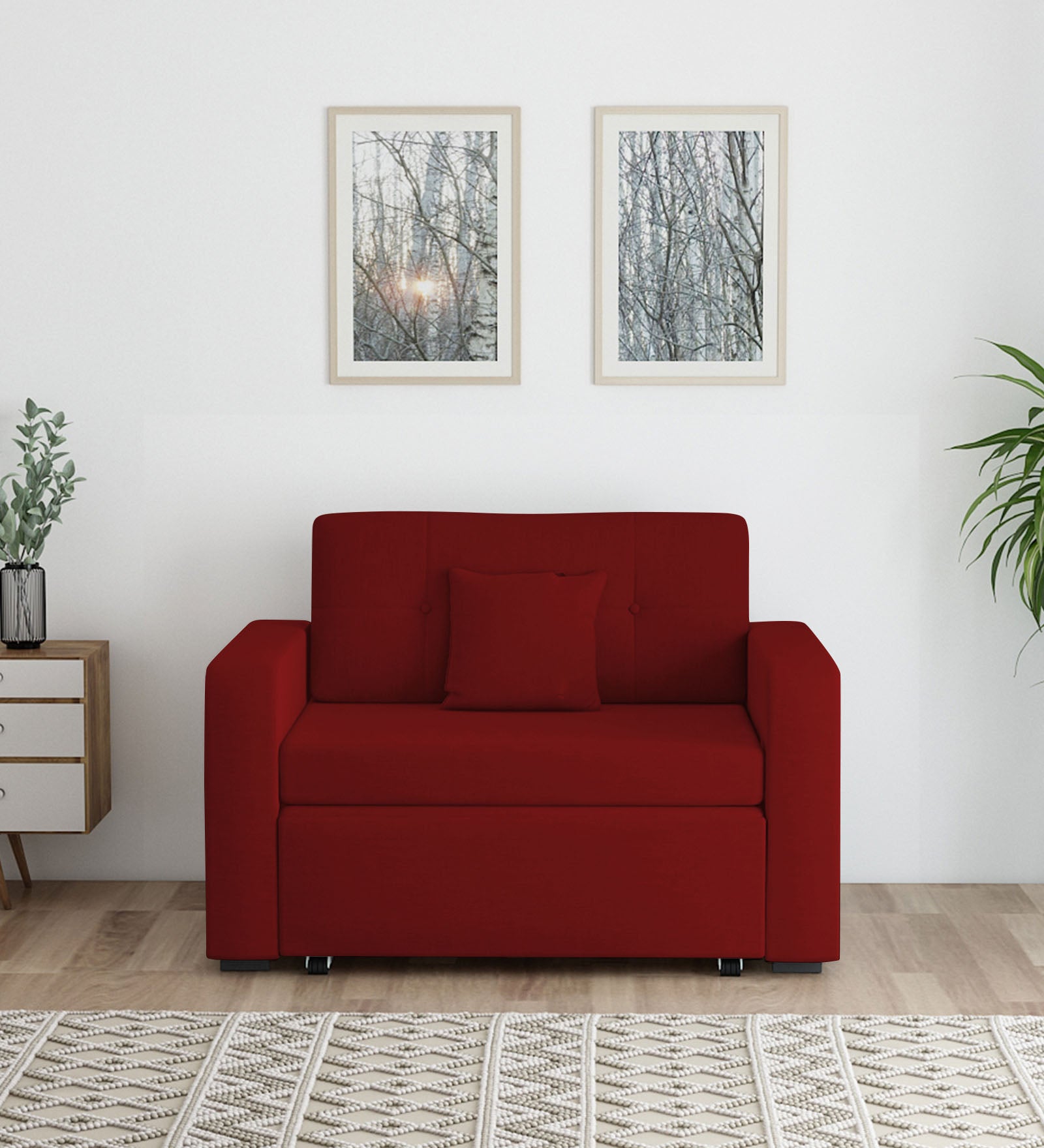 Rocky Fabric 2 Seater Pull Out Sofa Cum Bed In Blood Maroon Colour With Storage - Febonic Living