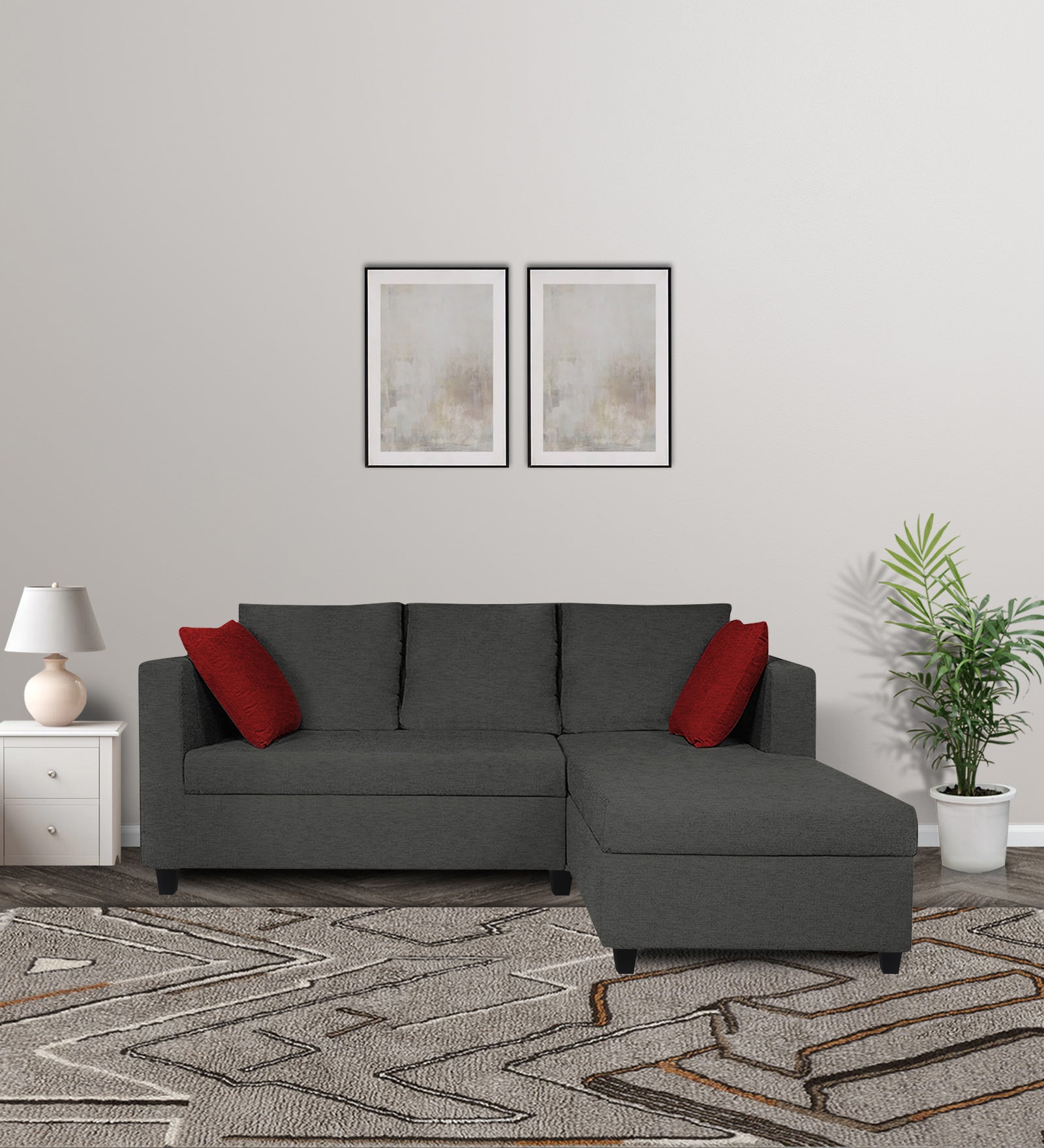 Nebula Fabric LHS Sectional Sofa (2+Lounger) In Charcoal Grey Colour - Febonic Living