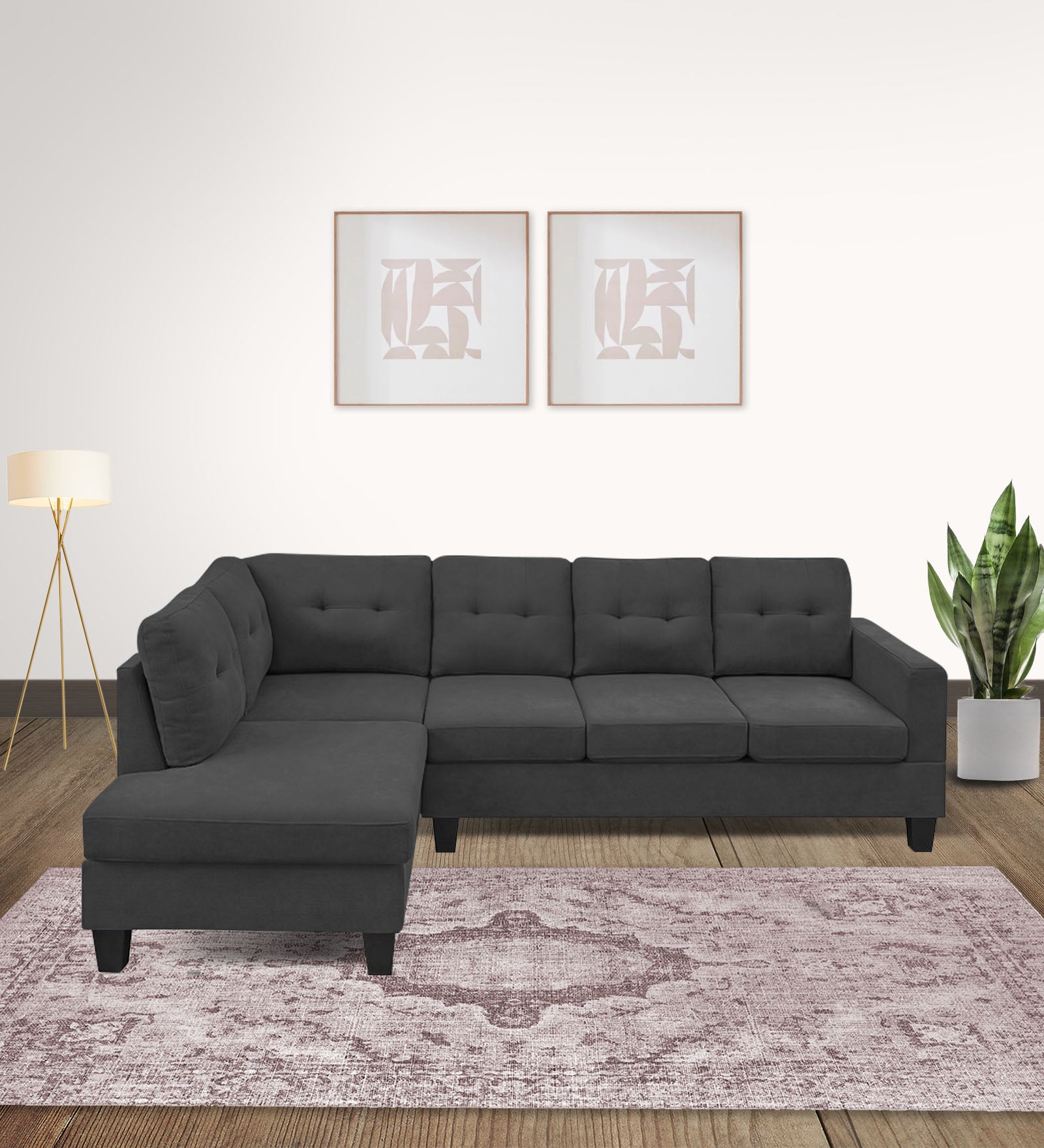Thomas Fabric RHS Sectional Sofa (3+Lounger) In Charcoal Grey Colour - Febonic Living