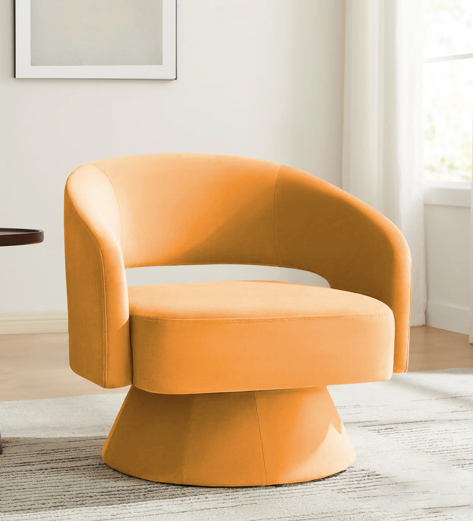 Pendra Velvet Swivel Chair In Tangerine Orange Colour - Febonic Living
