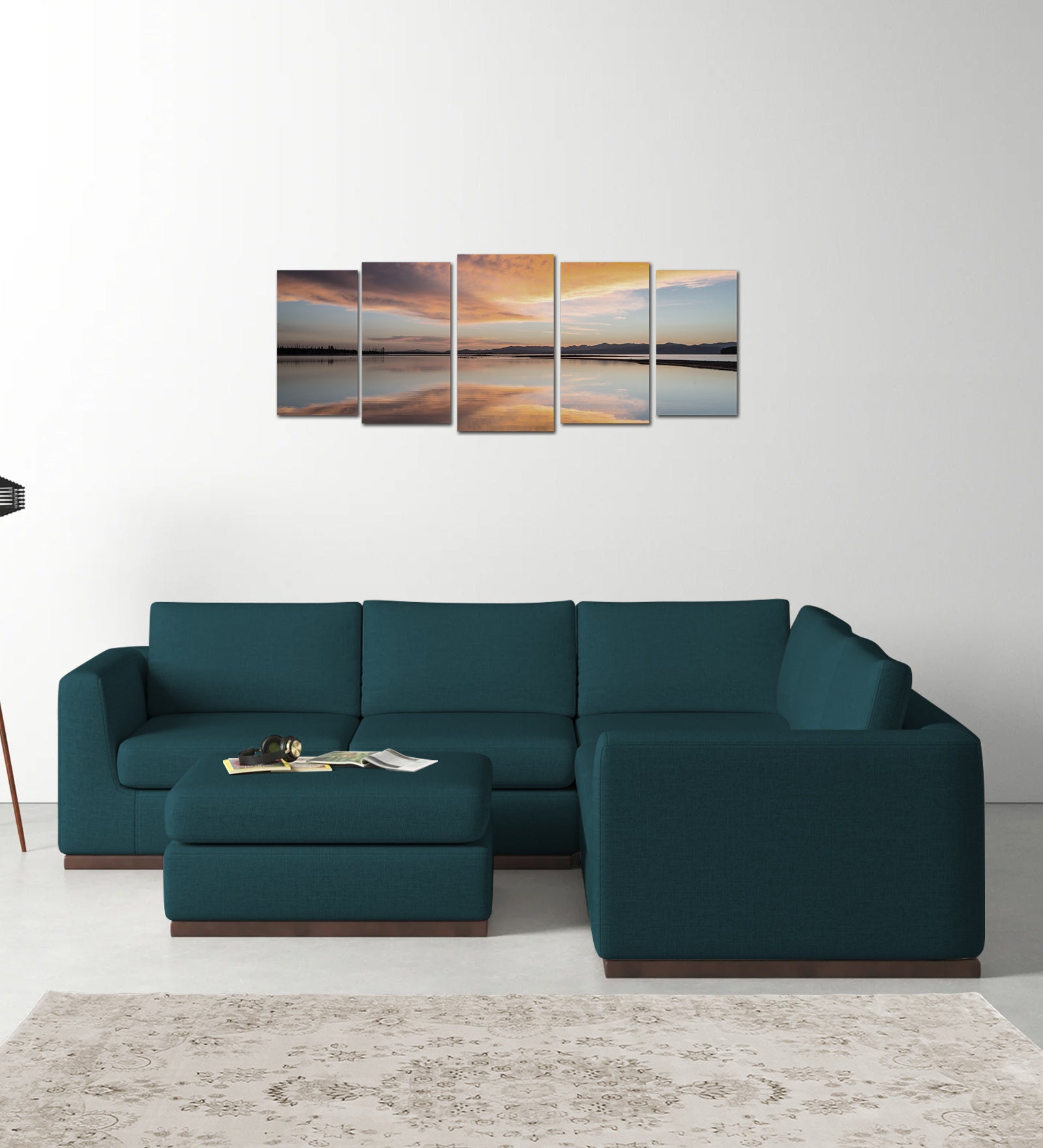 Freedom Velvet 6 Seater RHS Corner Sofa In Arabian Green Colour With Ottoman - Febonic Living