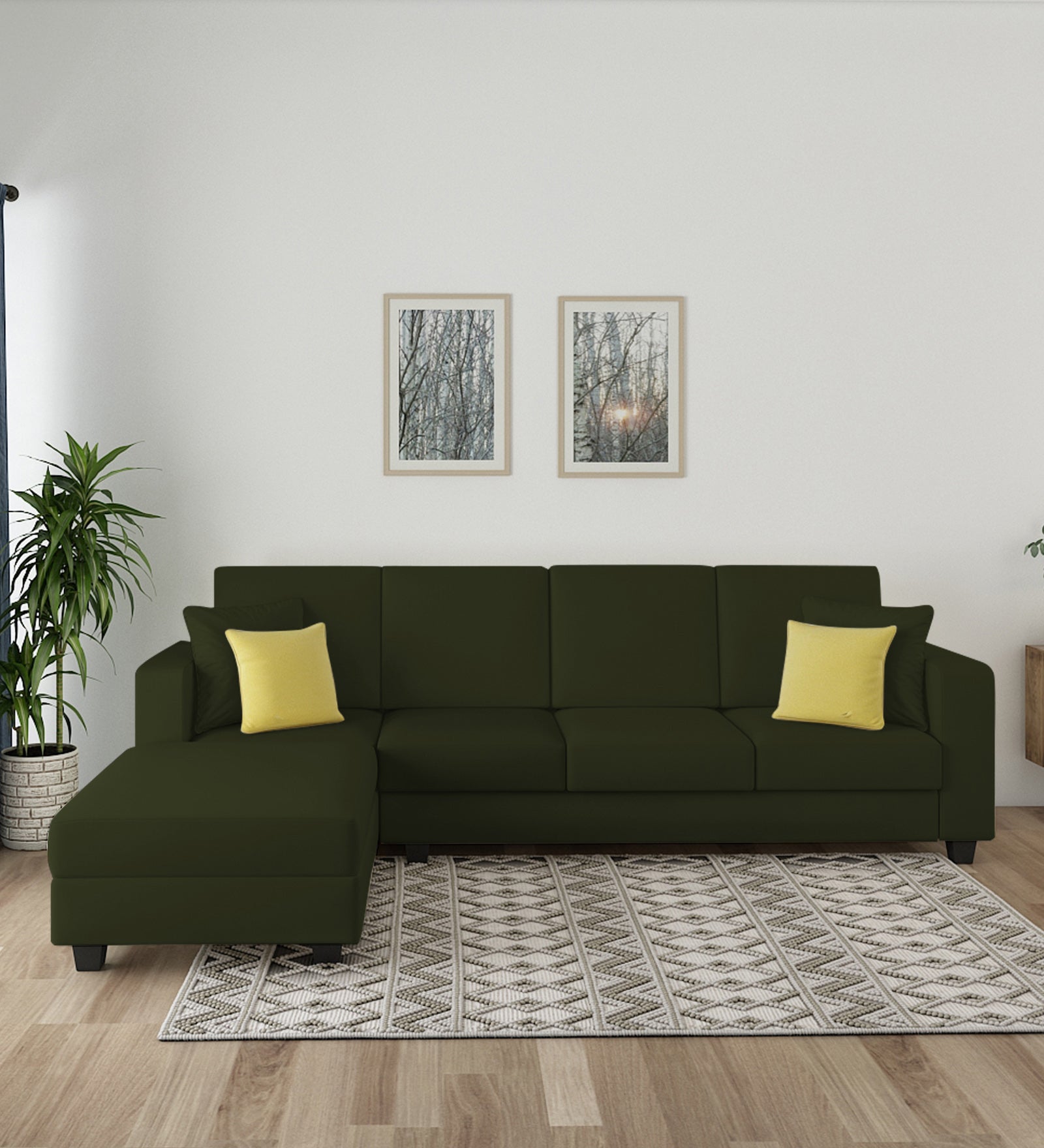 Nabi Fabric RHS Sectional Sofa (3+Lounger) In Olive Green Colour - Febonic Living