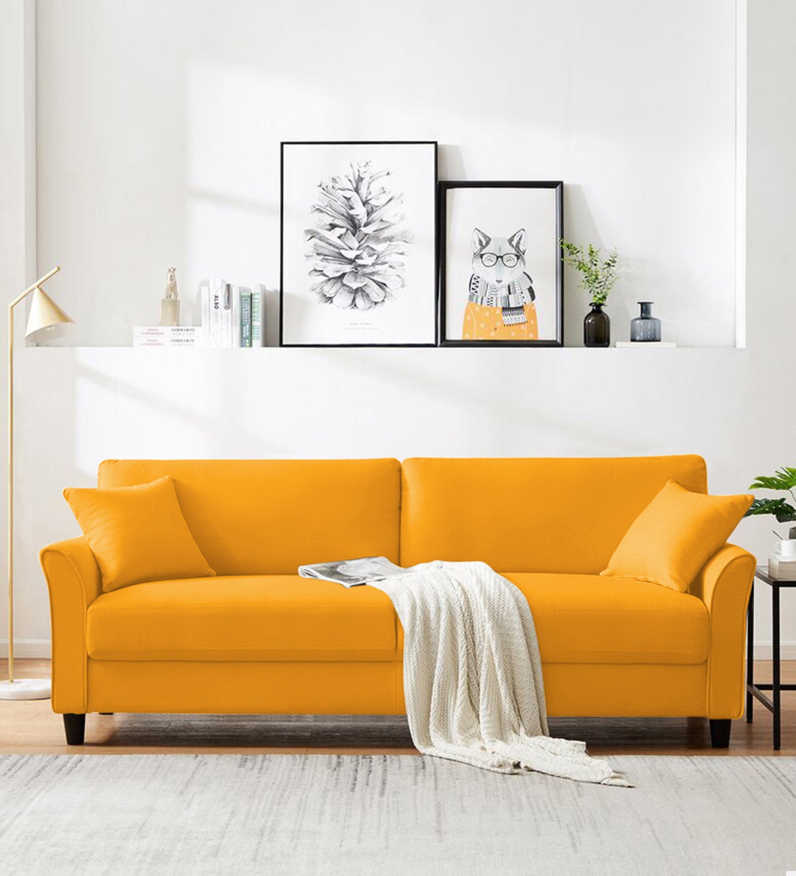Daroo Velvet 3 Seater Sofa In Safforn Yellow Colour - Febonic Living