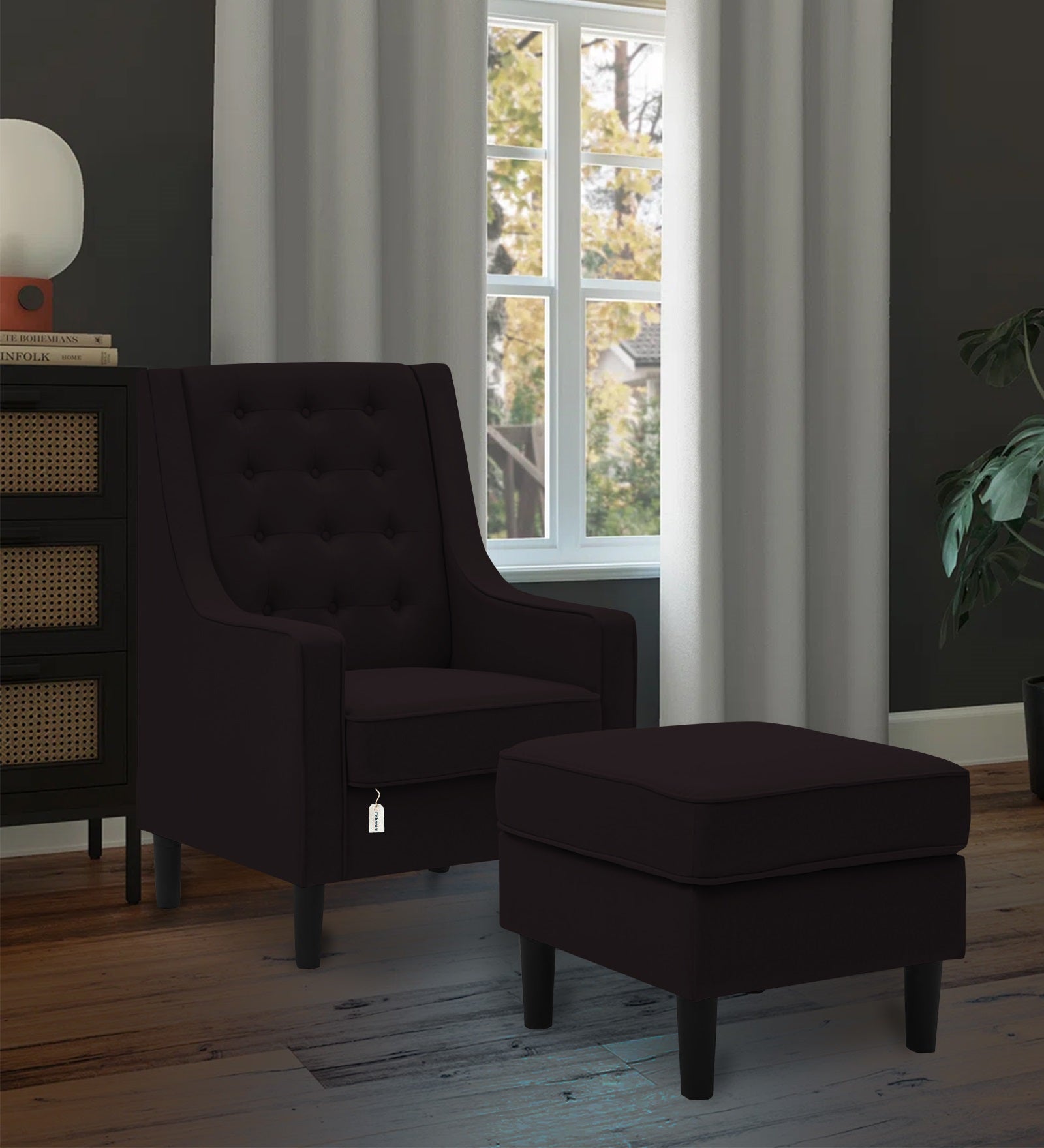 Sona Fabric Barrel Chair + Ottoman in Cara Brown Colour