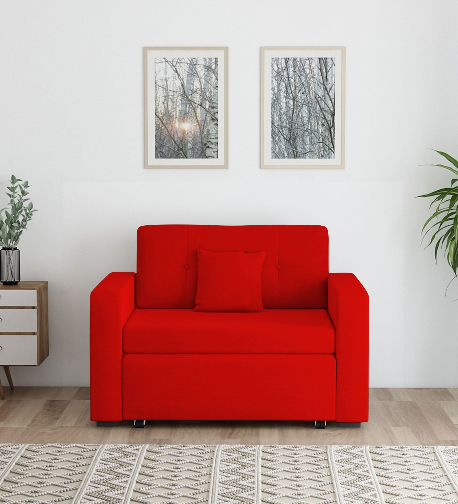 Rocky Fabric 2 Seater Pull Out Sofa Cum Bed In Ruby Red Colour With Storage - Febonic Living