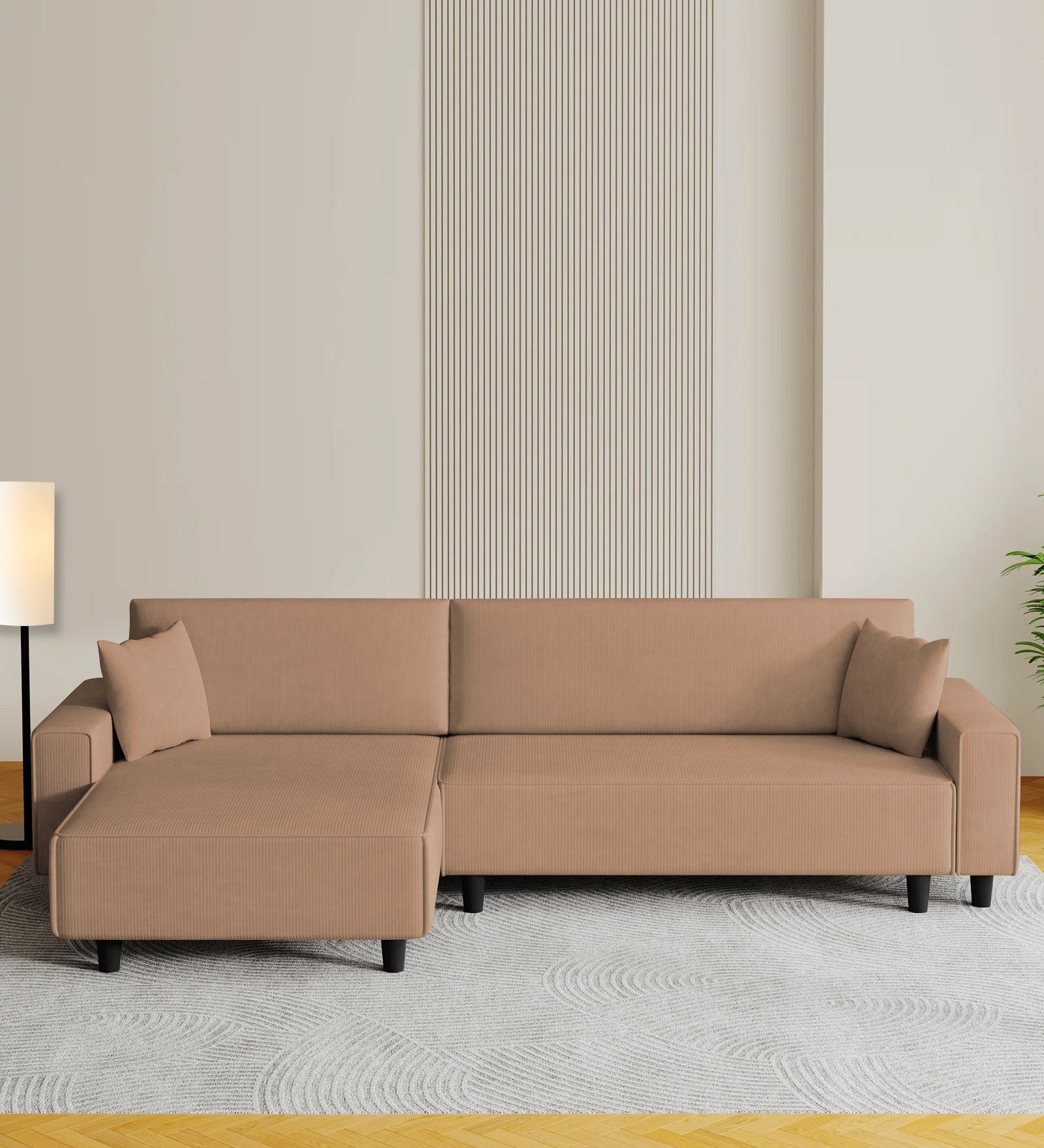 Peach Fabric RHS 6 Seater Sofa Cum Bed With Storage In Cosmic Beige Colour - Febonic Living