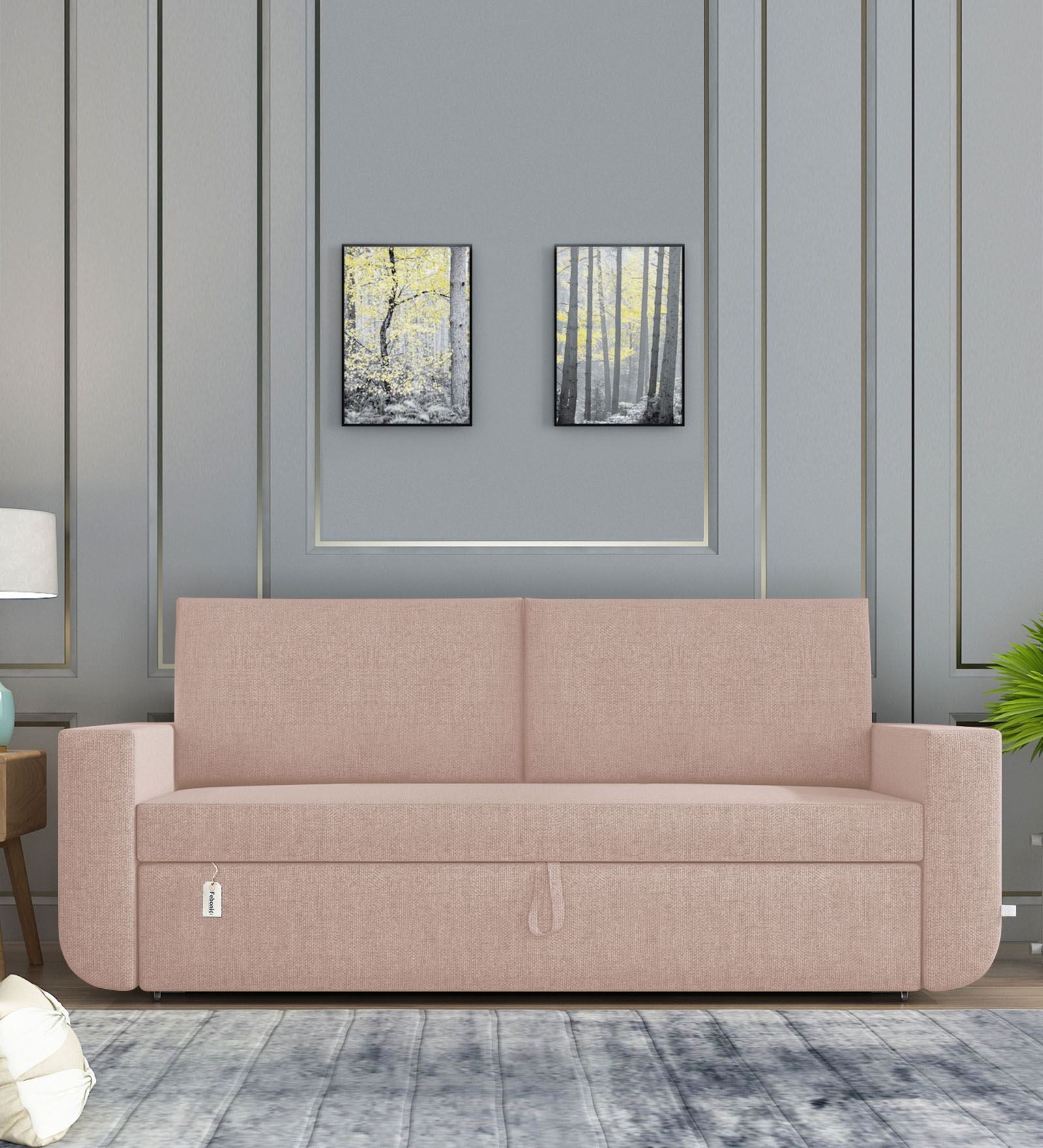 Grace Fabric 3 Seater Pull Out Sofa Cum Bed In Woom Beige Colour With Storage - Febonic Living
