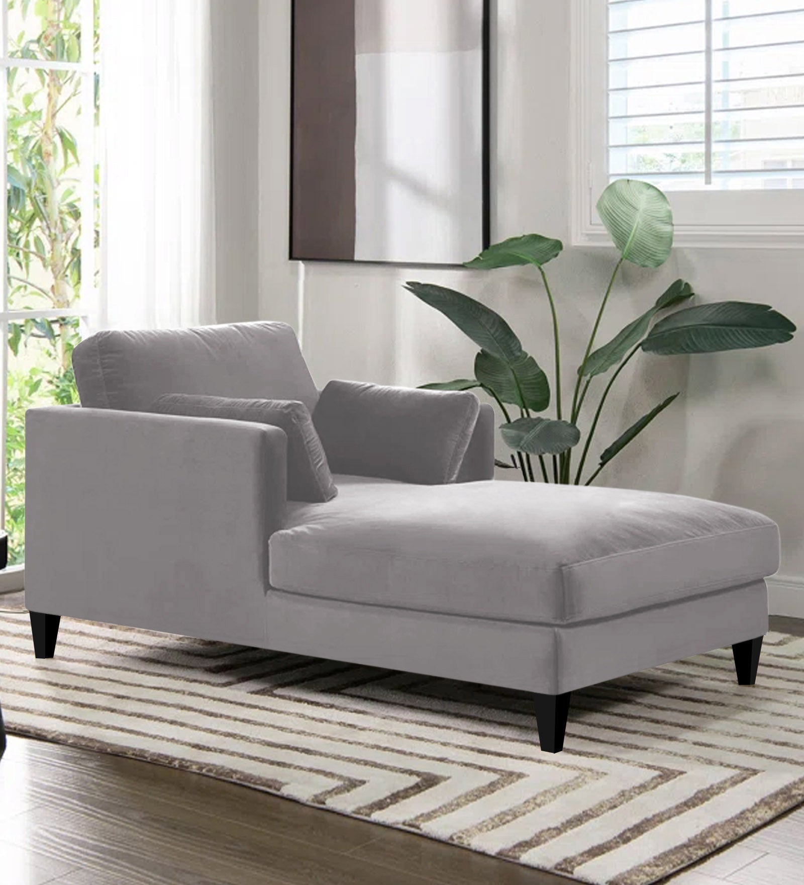 Makou Velvet Chaise Lounger In Concrete Grey Colour - Febonic Living