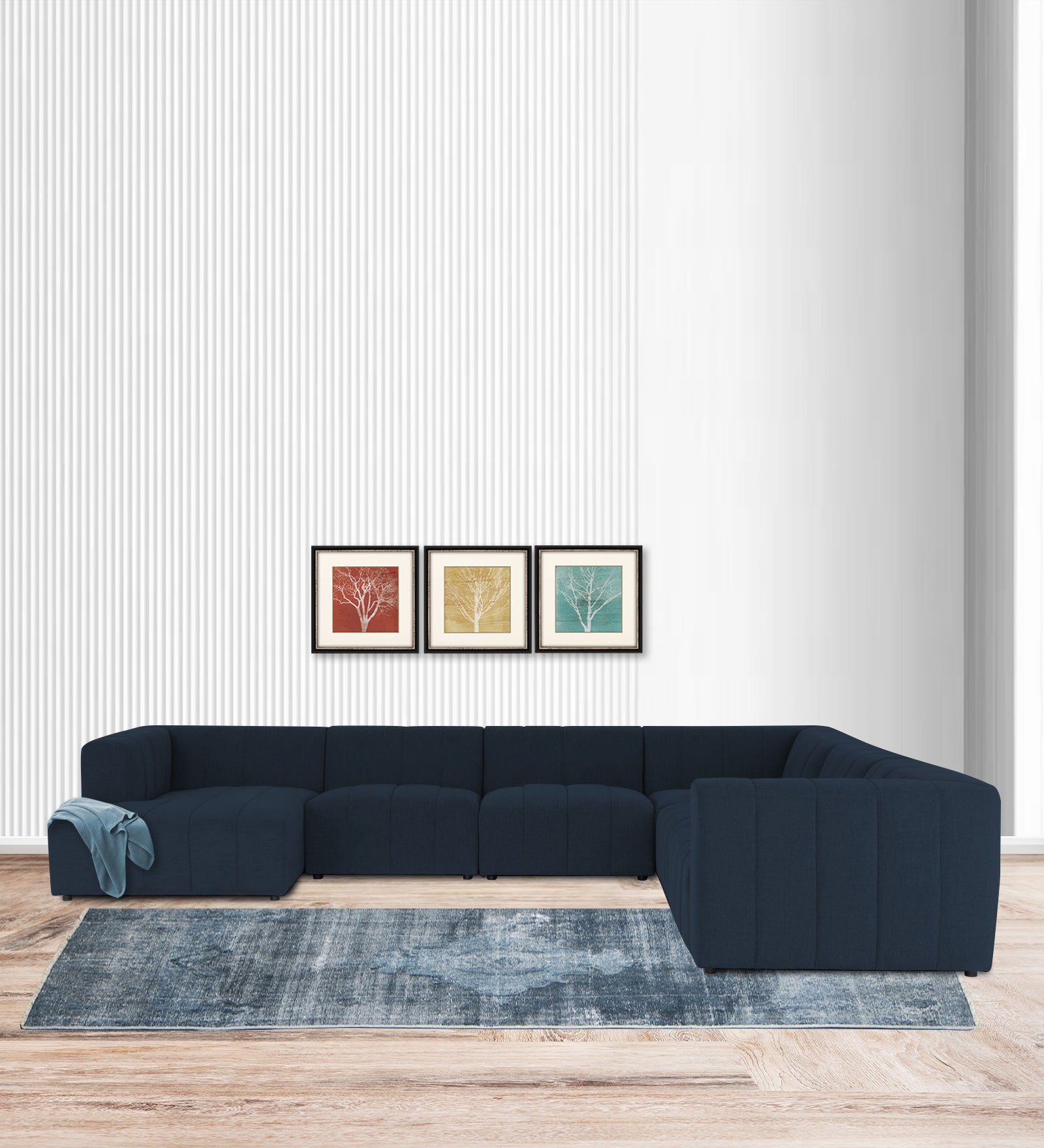 Damo Fabric RHS 8 Seater Corner Sofa In Denim Blue Colour - Febonic Living