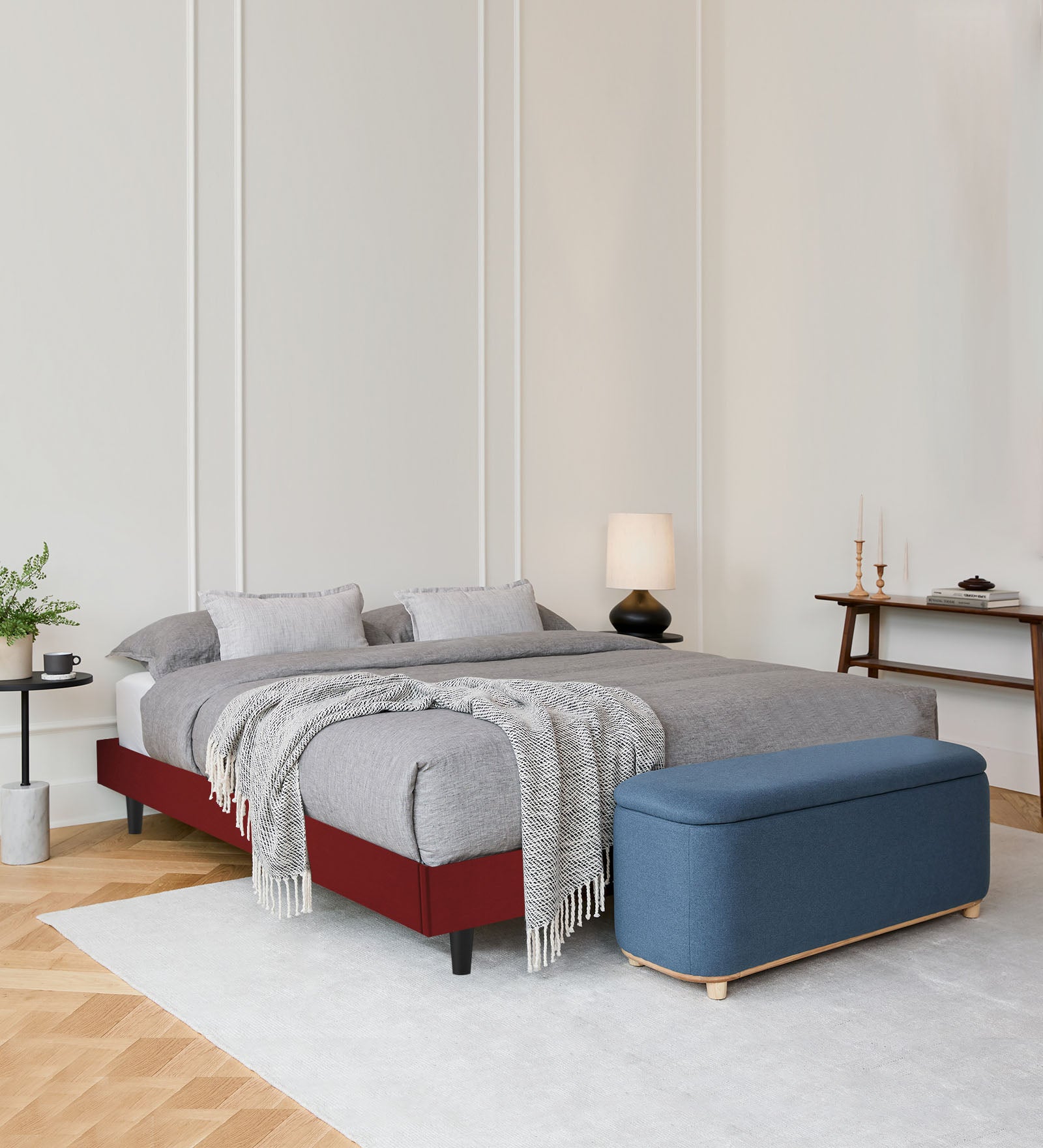 Basi Fabric Queen Size Bed In Blood Maroon Colour - Febonic Living