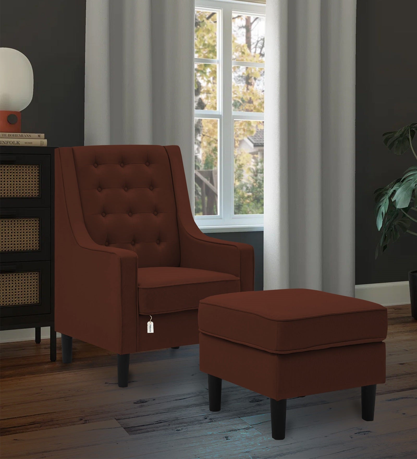 Sona Fabric Barrel Chair + Ottoman in Coffee Brown Colour