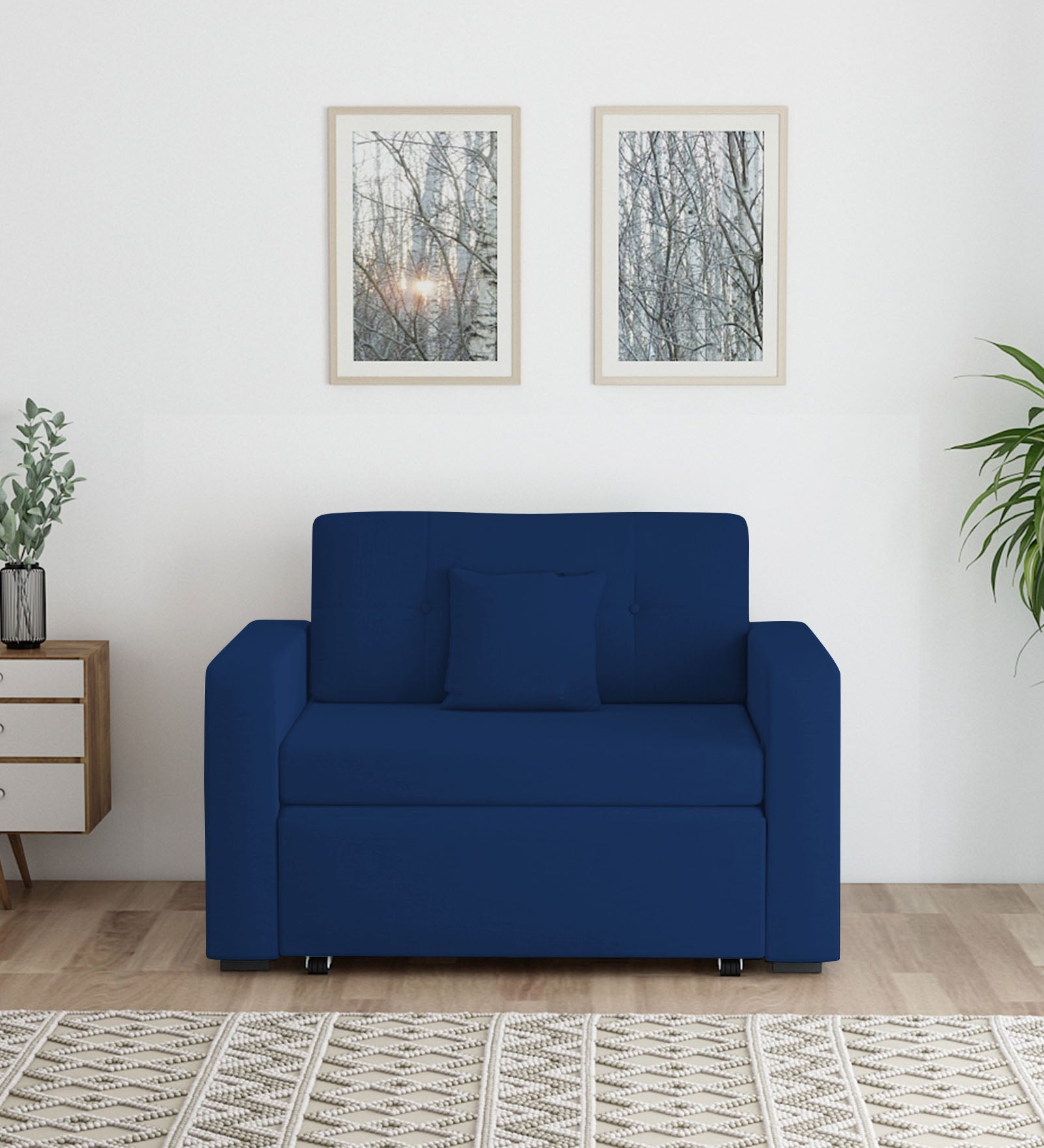 Rocky Fabric 2 Seater Pull Out Sofa Cum Bed In Royal Blue Colour With Storage - Febonic Living