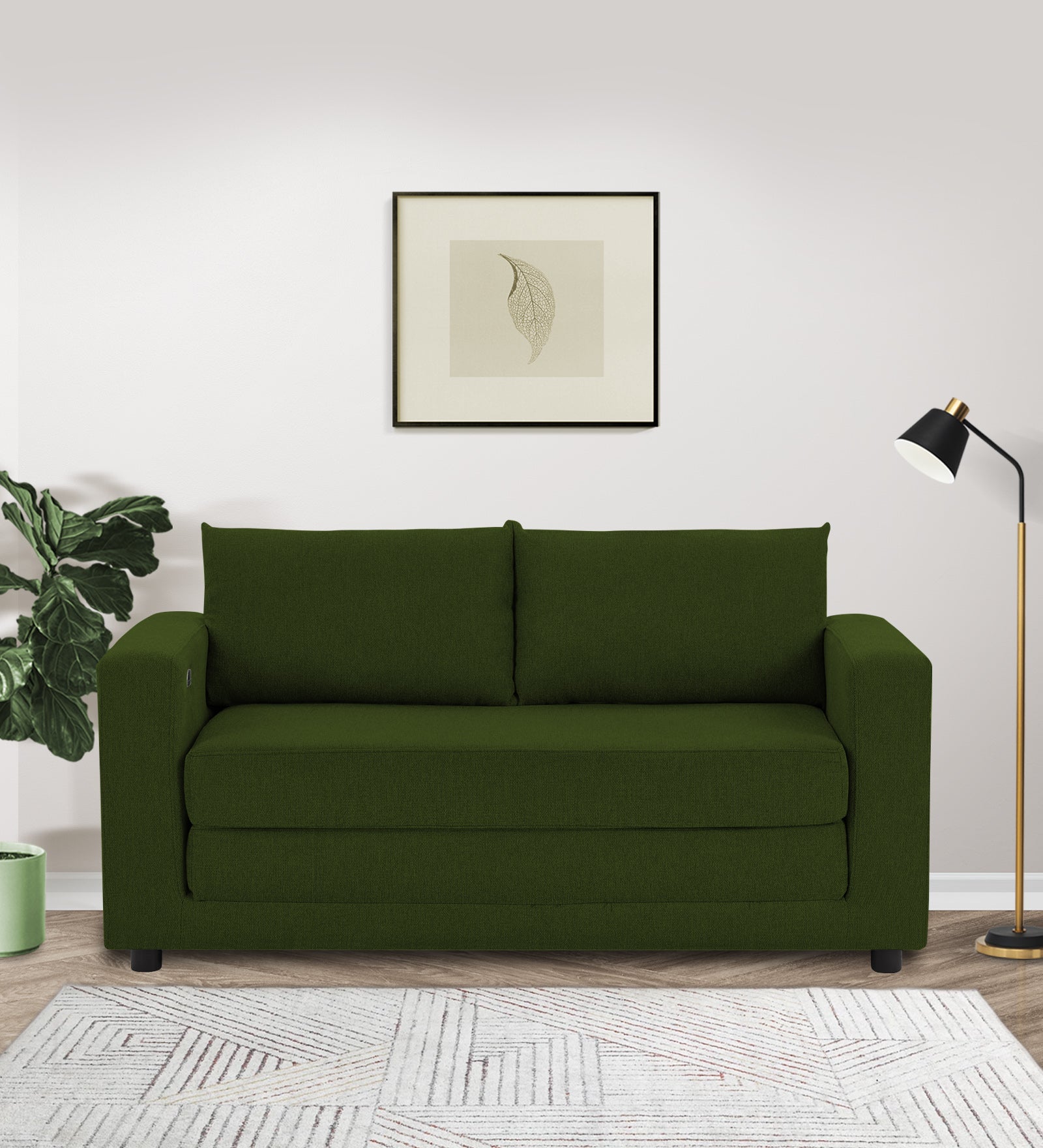 Roman Fabric 3 Seater Foldable Sofa Cum Bed In Olive Green Colour With USB Portable Type - Febonic Living