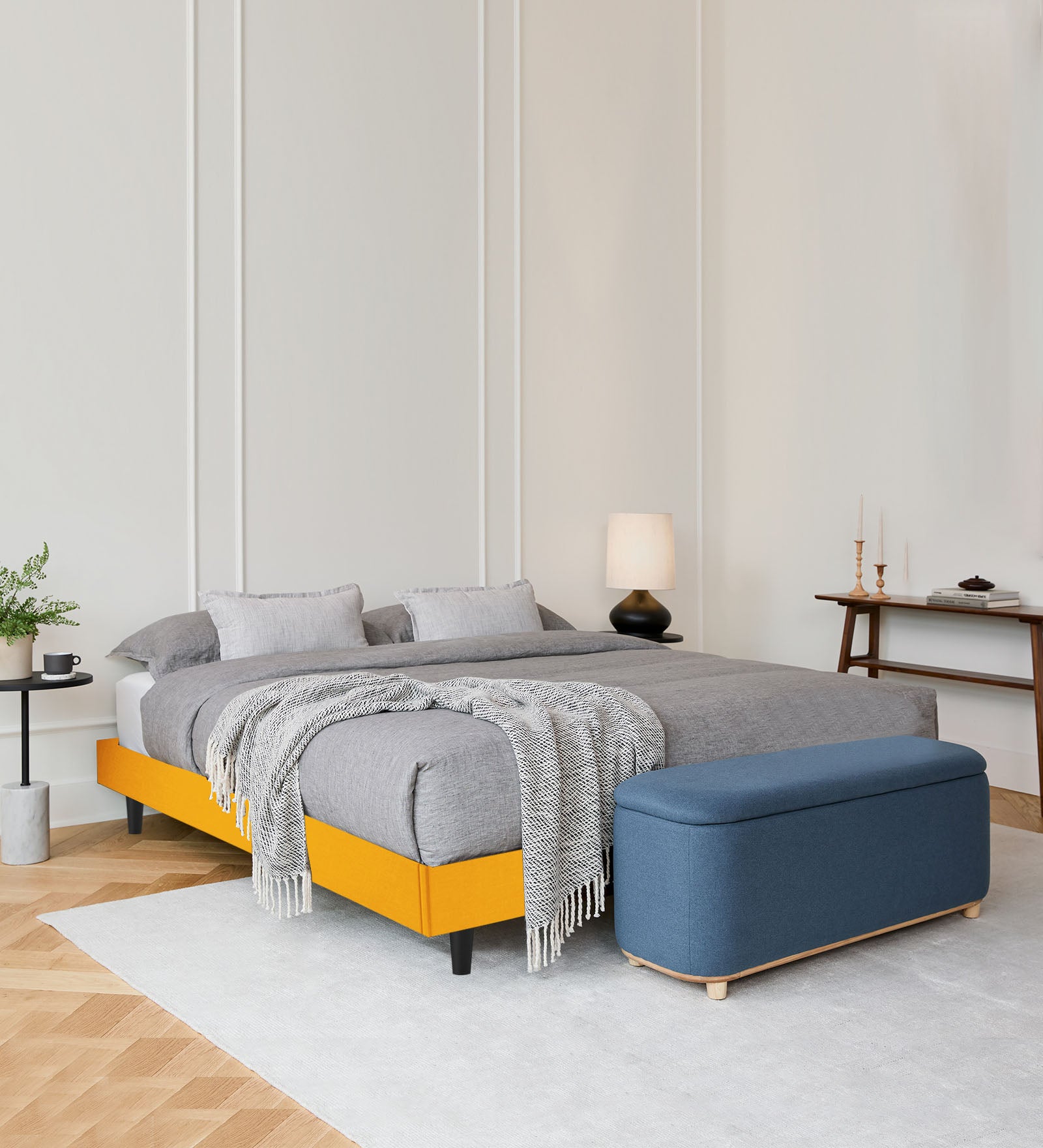 Basi Fabric Queen Size Bed In Bold Yellow Colour - Febonic Living