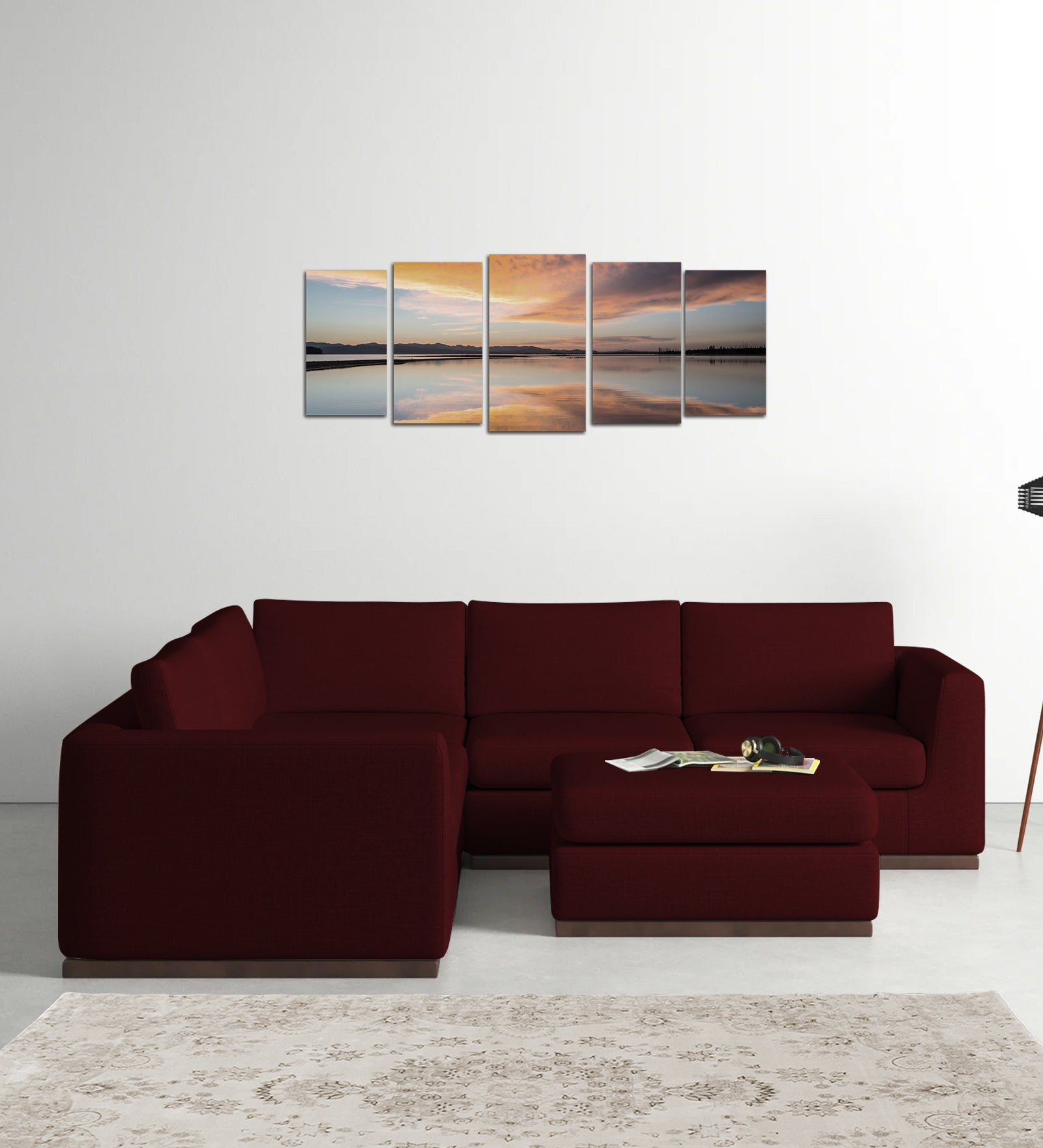 Freedom Velvet 6 Seater LHS Corner Sofa In Blood Maroon Colour With Ottoman - Febonic Living