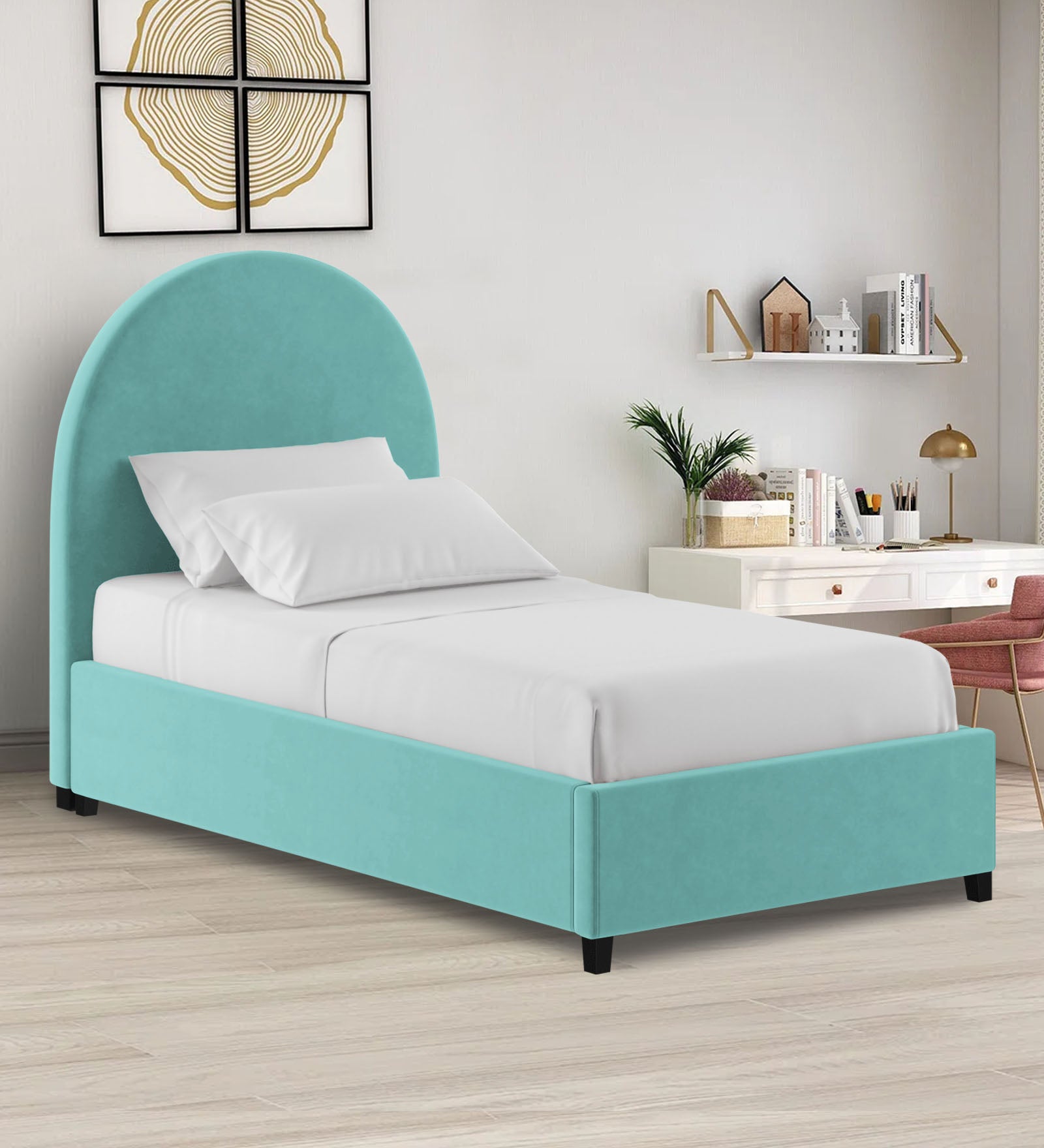 Maro Velvet Single Size Bed In Barmunda Aqua Colour - Febonic Living