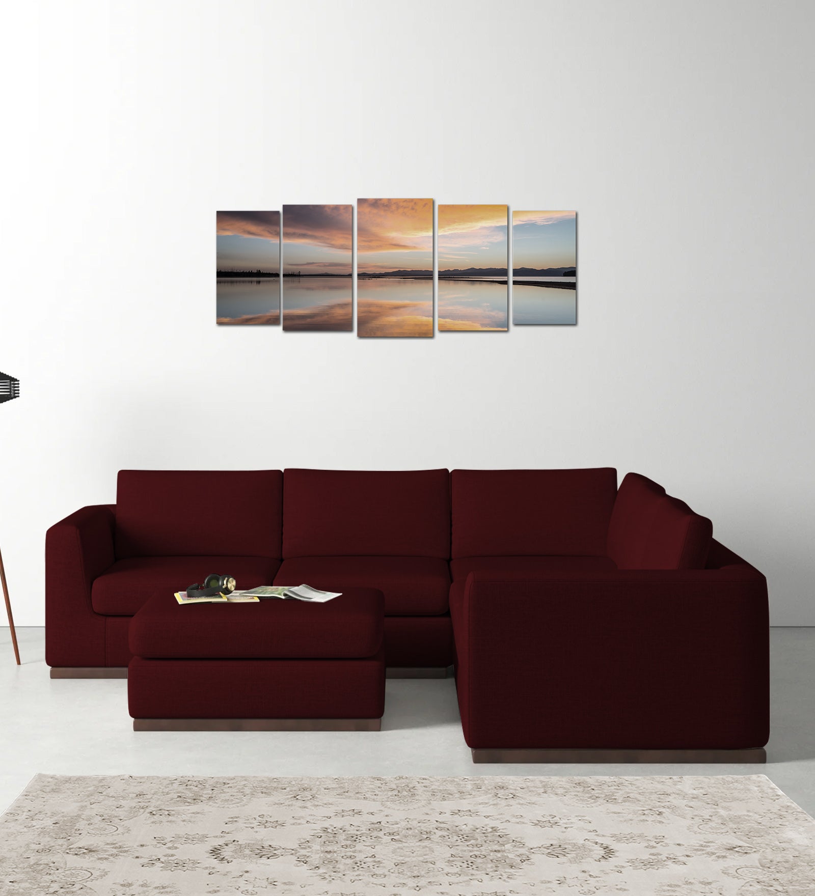 Freedom Velvet 6 Seater RHS Corner Sofa In Blood Maroon Colour With Ottoman - Febonic Living