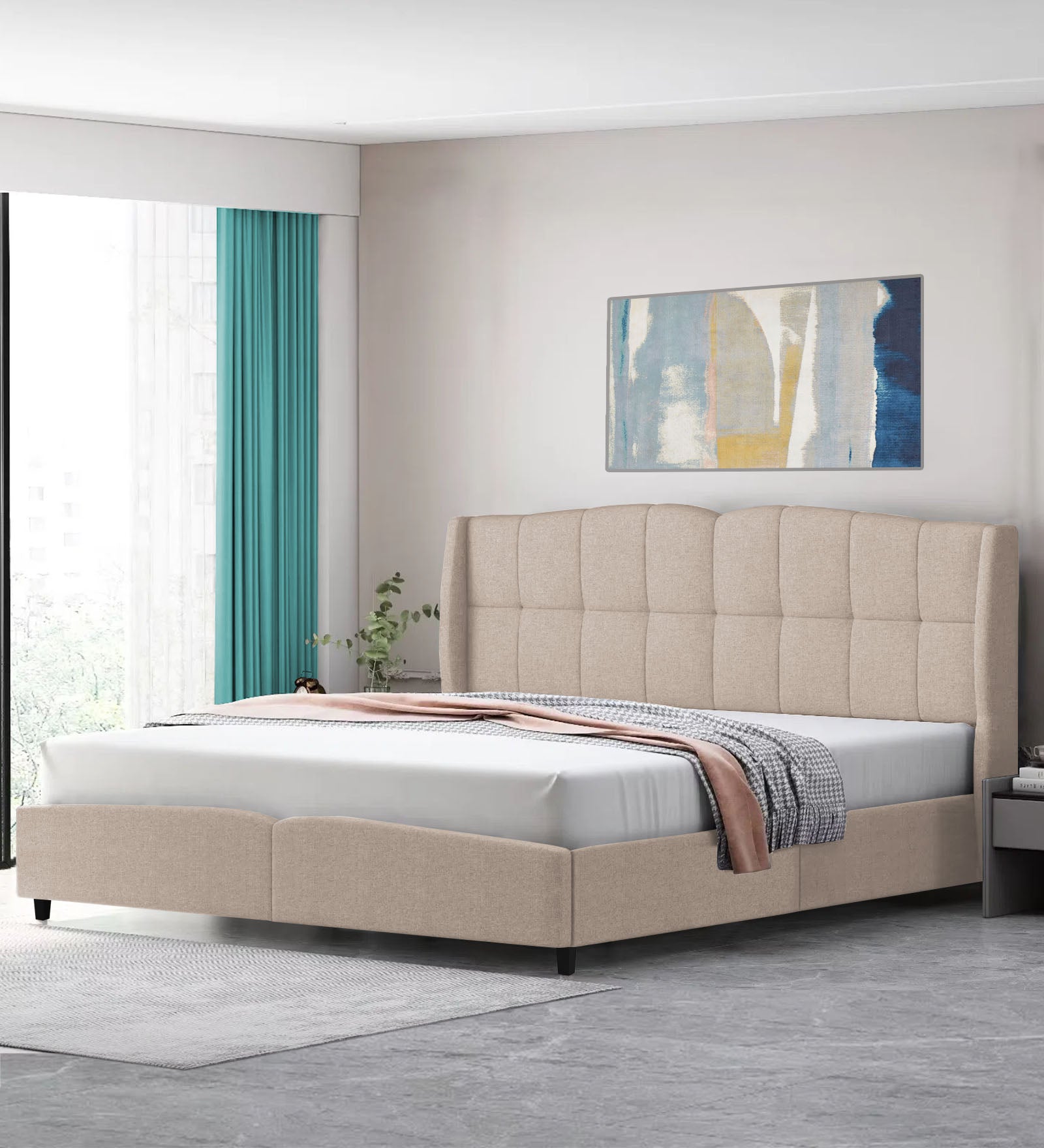 Jovi Velvet King Size Bed In Camel Beige Colour - Febonic Living