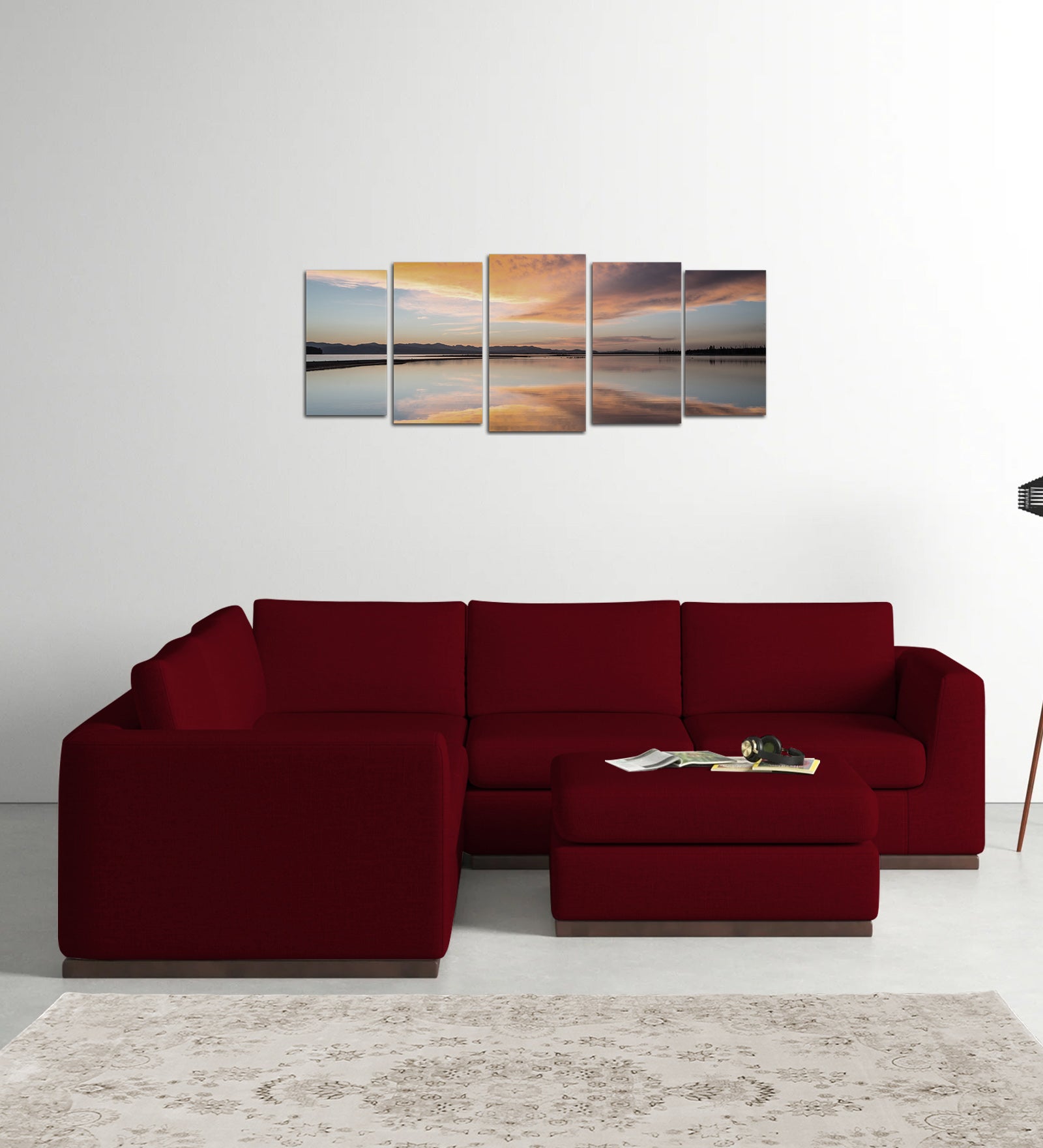 Freedom Velvet 6 Seater LHS Corner Sofa In Cherry Red Colour With Ottoman - Febonic Living