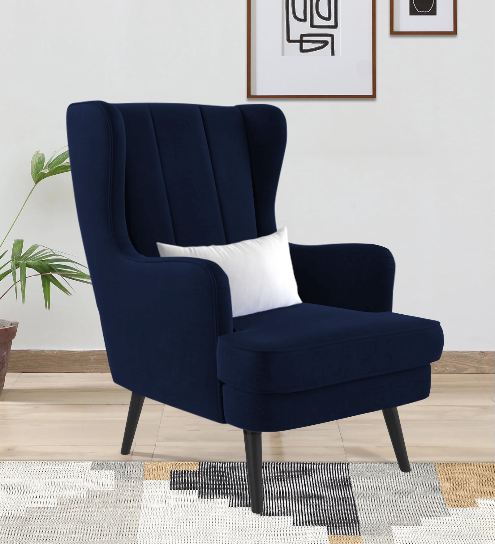 Niya Velvet Wing Chair In Dark Blue Colour