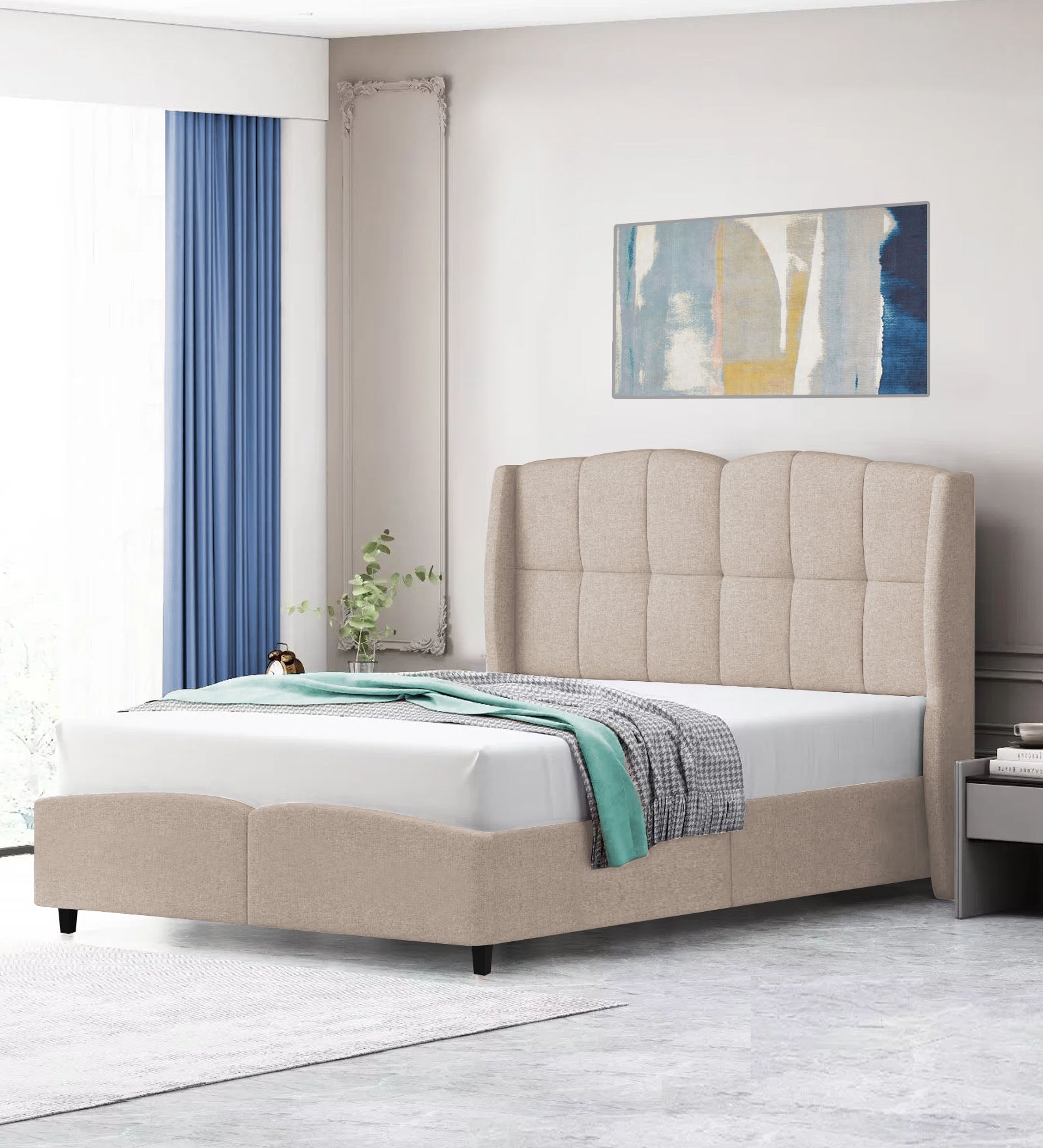 Jovi Velvet Queen Size Bed In Camel Beige Colour - Febonic Living