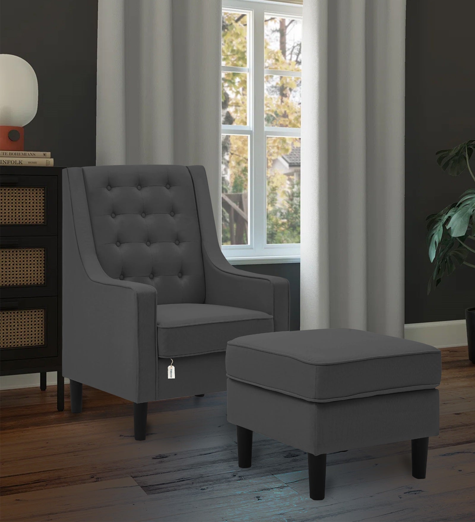 Sona Fabric Barrel Chair + Ottoman in Charcoal Grey Colour