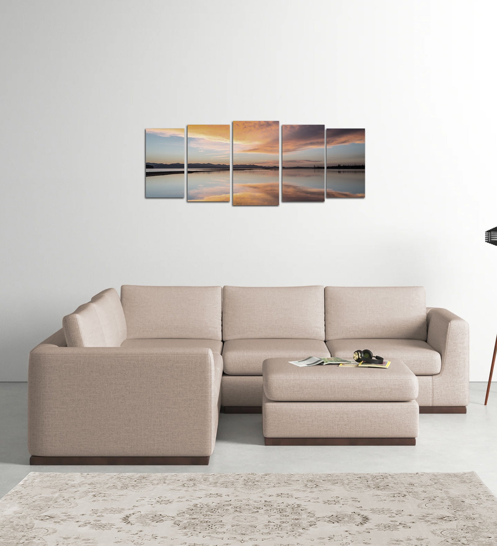 Freedom Velvet 6 Seater LHS Corner Sofa In Camel Beige Colour With Ottoman - Febonic Living