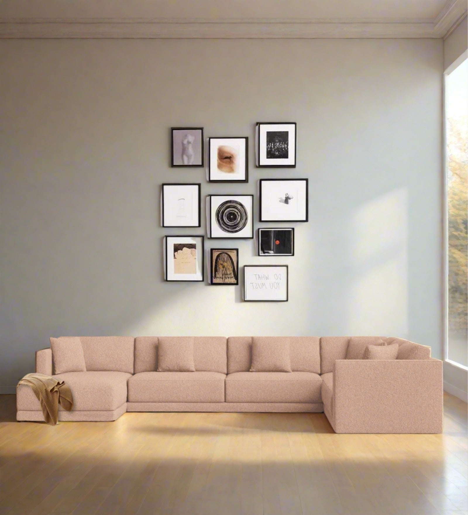 Carlin Fabric RHS 8 Seater Sectional Sofa In Cosmic Beige Colour - Febonic Living