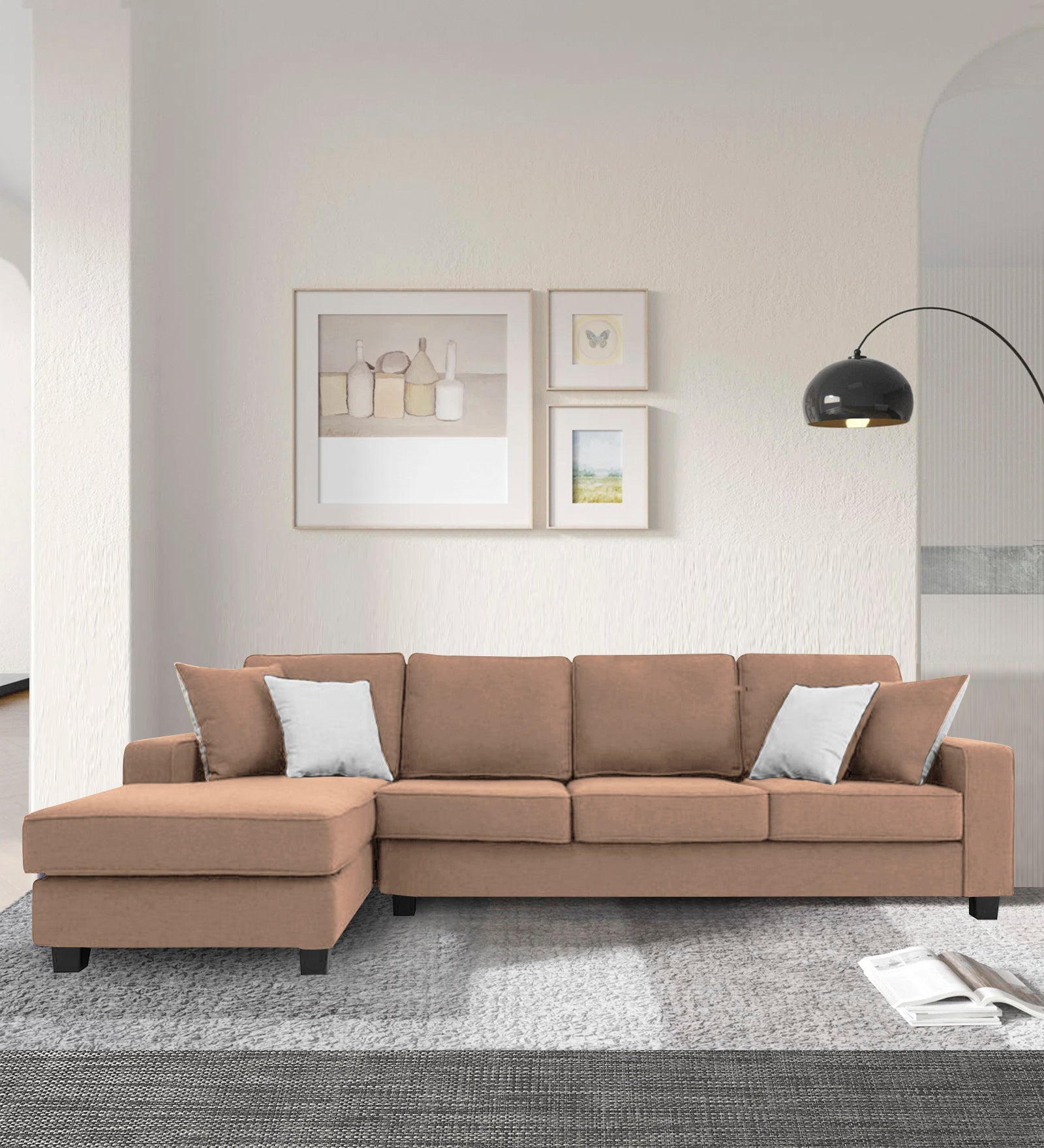 Ladybug Fabric RHS Sectional Sofa (3+Lounger) In Cookie Beige Colour - Febonic Living