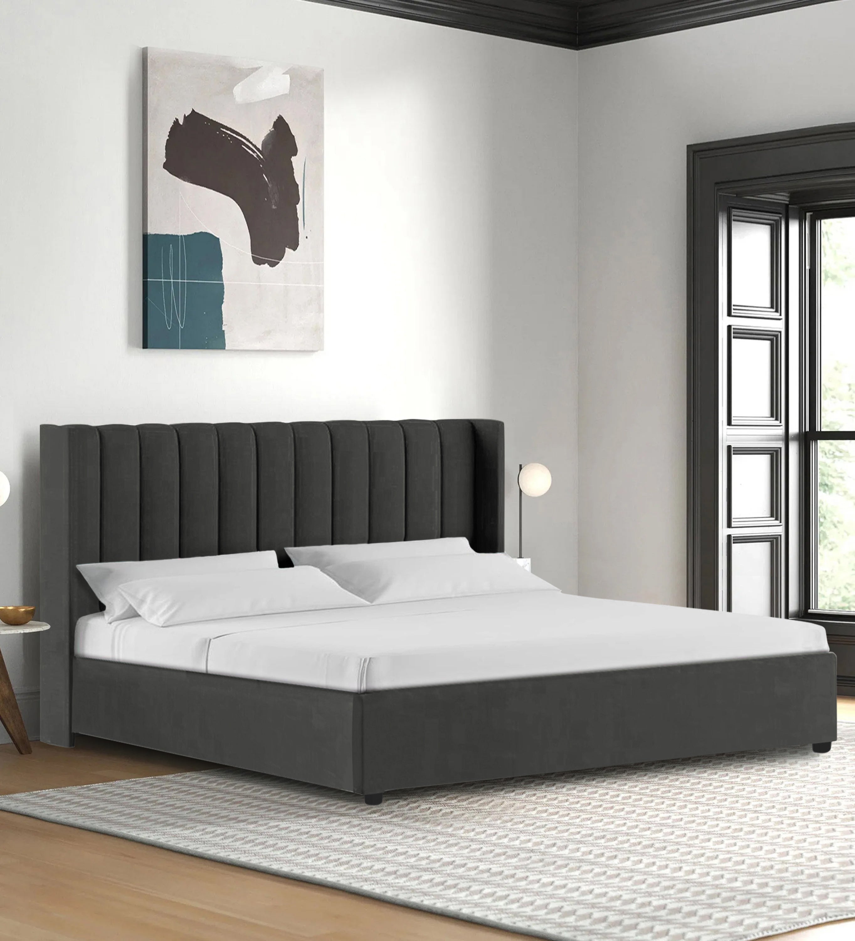 Colina Fabric Queen Size Bed In Charcoal Grey Colour With Box Storage - Febonic Living
