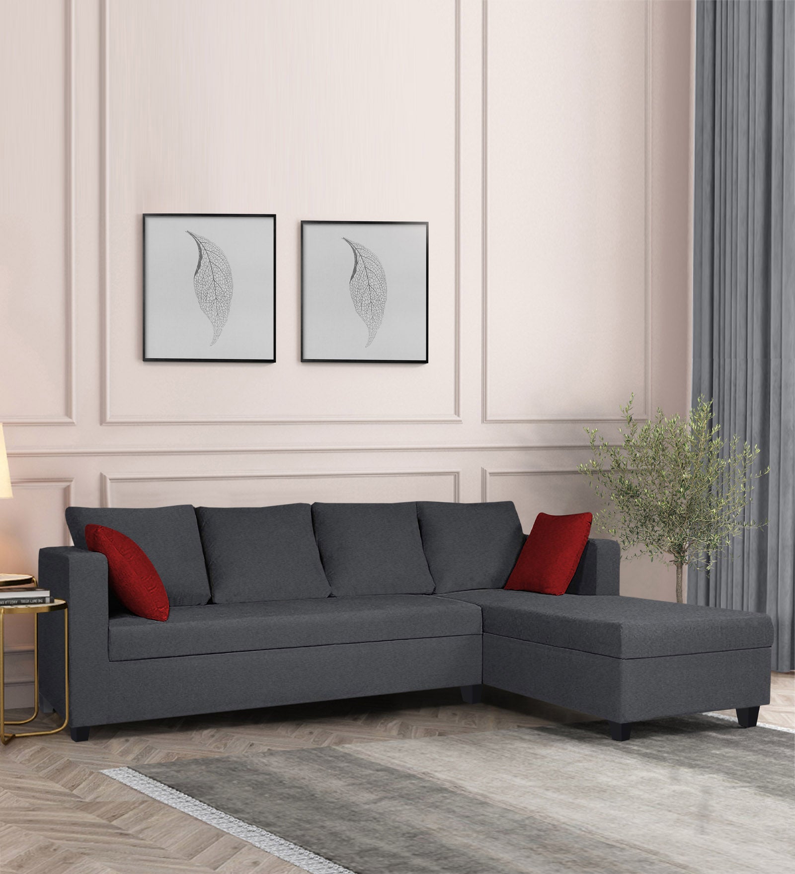 Nebula Fabric LHS Sectional Sofa (3+Lounger) In Charcoal Grey Colour - Febonic Living