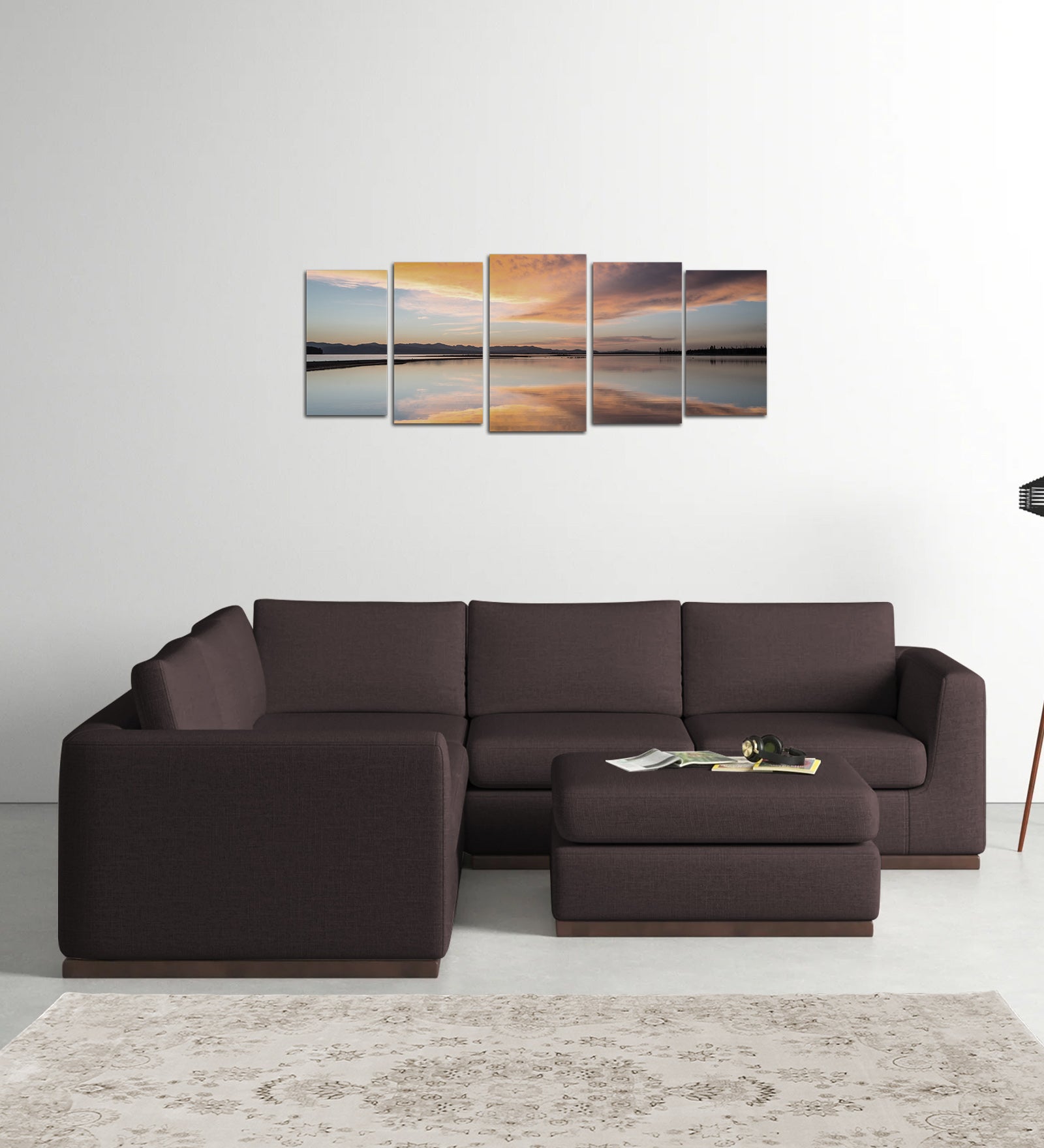 Freedom Velvet 6 Seater LHS Corner Sofa In Mocha Brown Colour With Ottoman - Febonic Living