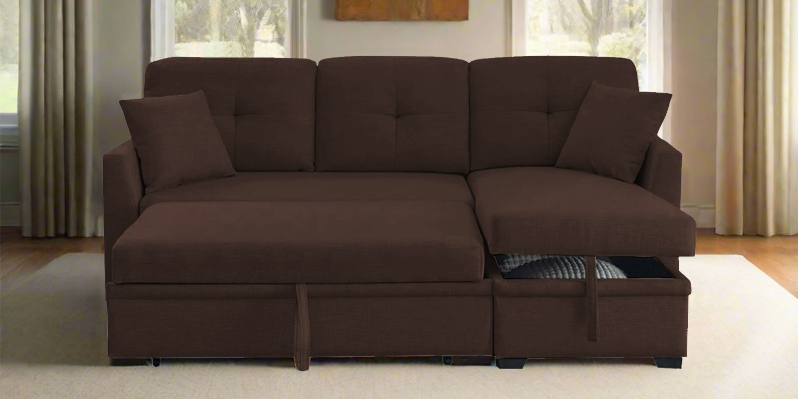 Jody Fabric 3 Seater Pull Out Sofa Cum Bed In Coffee Brown Colour With Storage - Febonic Living