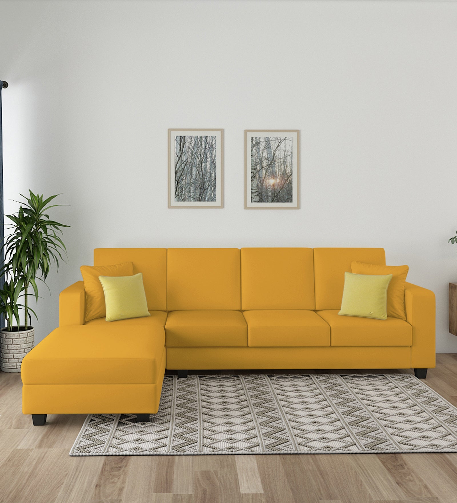 Nabi Fabric RHS Sectional Sofa (3+Lounger) In Bold Yellow Colour - Febonic Living